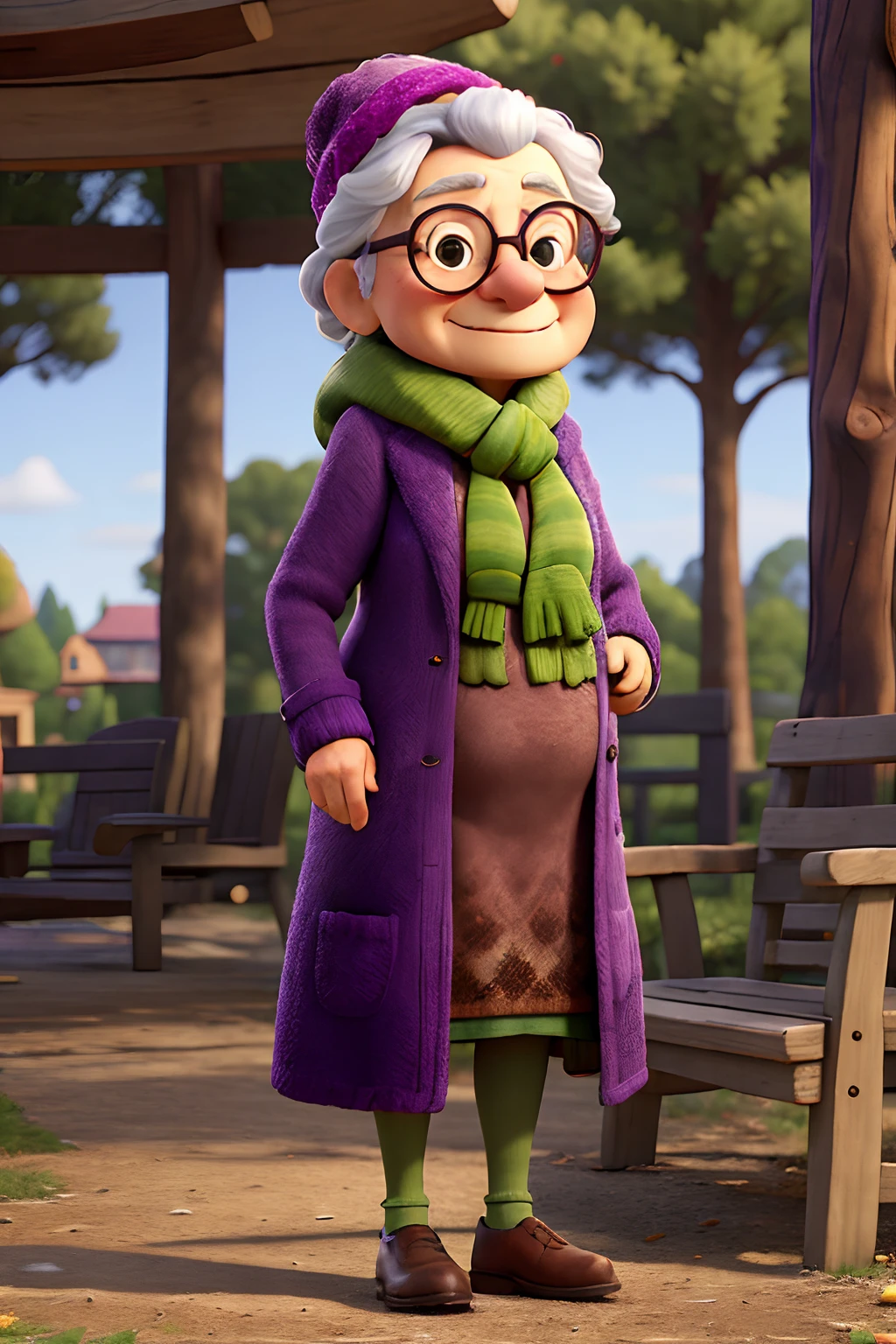 masterpiece, best quality, an old woman with glasses and a scarf on, wearing a purple coat and green scarf, standing at the park