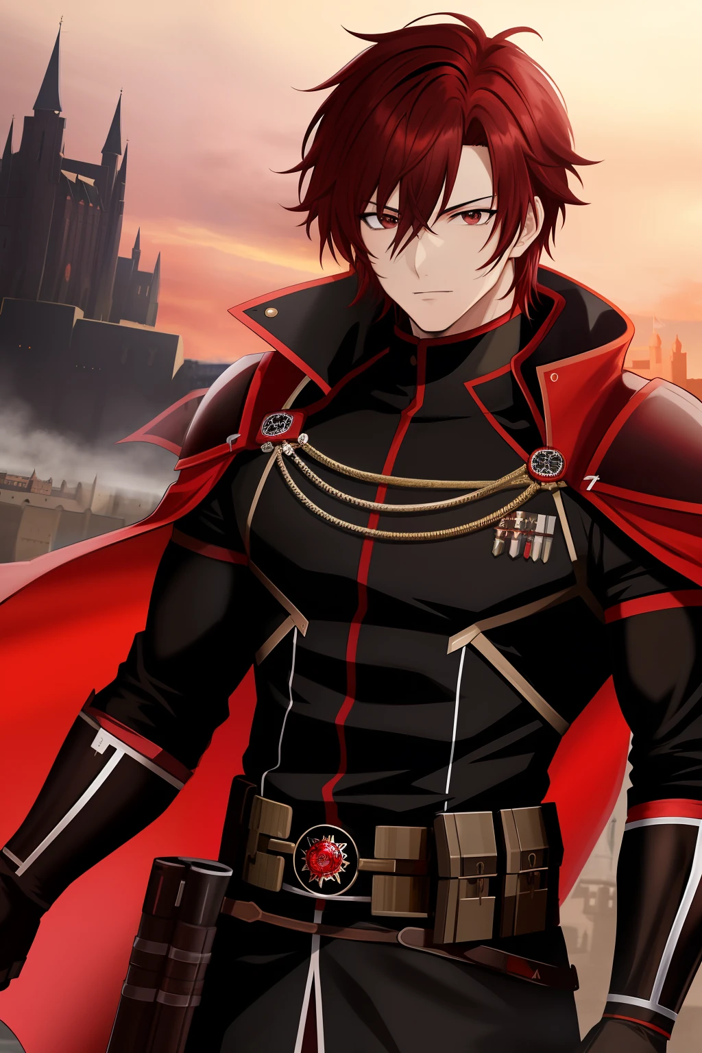 (best quality,Highres),red and dark-haired anime men,black eyes,sniper,attire,anime style,sharp focus,vivid colors,detailed clothing, intense expressions, medieval castle background, dramatic lighting