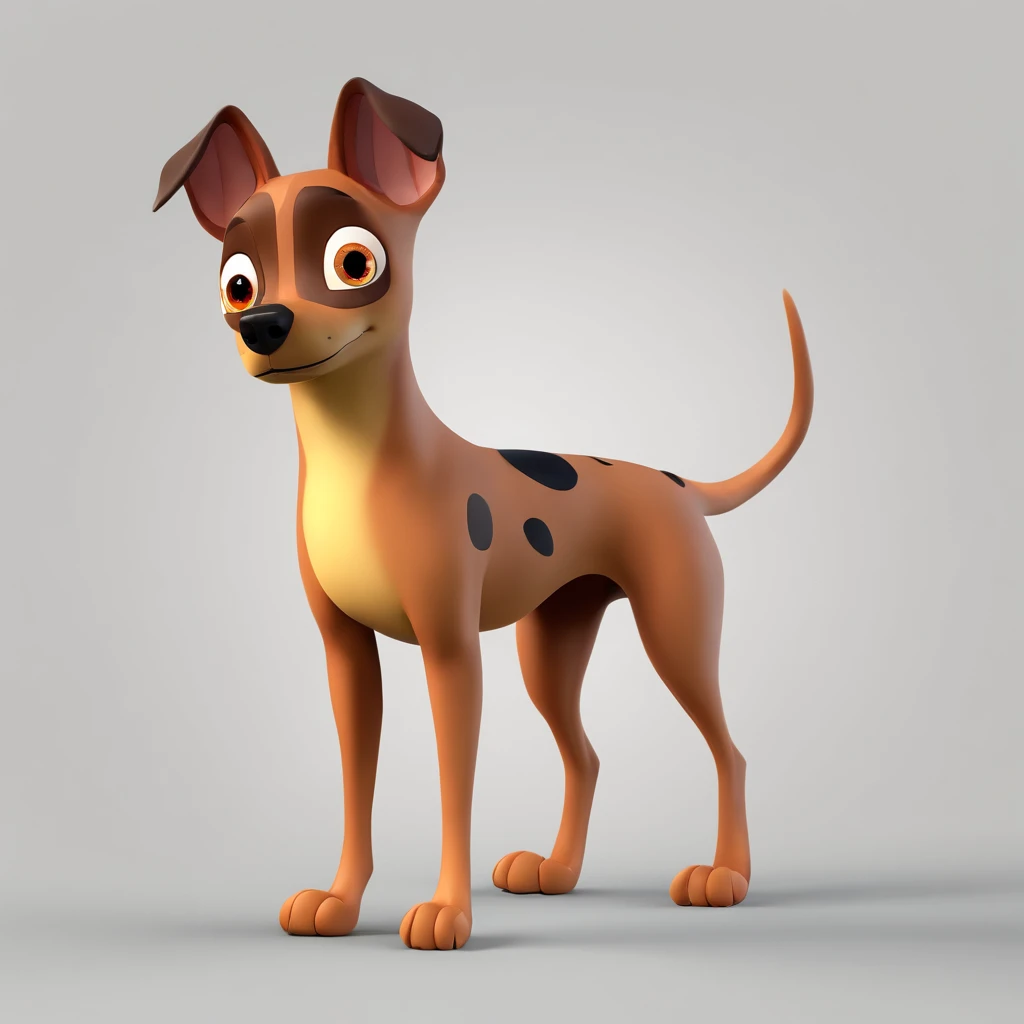 A Disney Pixar-inspired movie poster with the title CHANA MALUCA. mini pinscher, with pointed ears, brown with black and spots on the white paws, with a white spot on the chest, large black eyes. The scene should be in Pixar's distinctive digital art style, focusing on the characters' expressions, vibrant colors, and detailed textures characteristic of their animations.