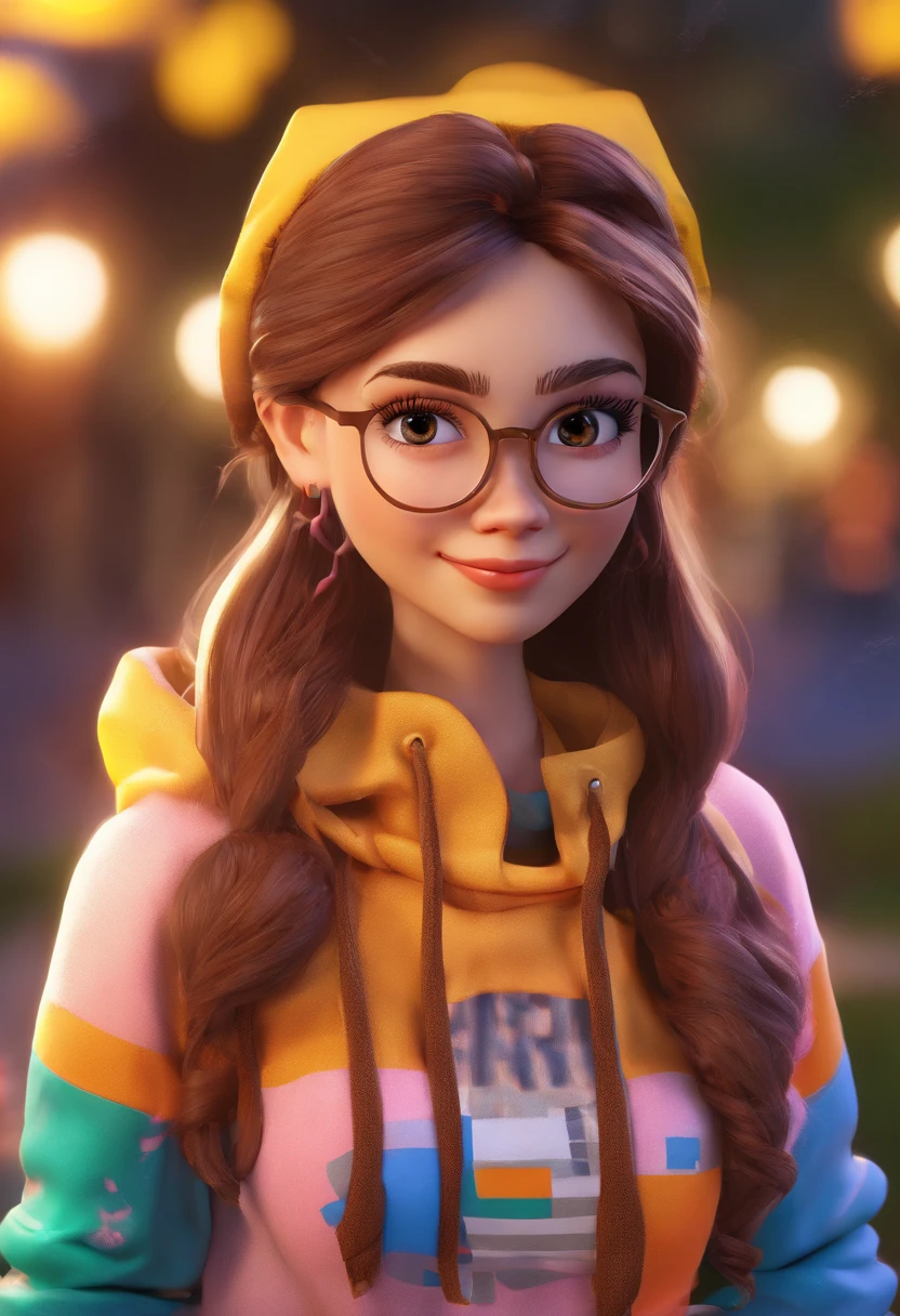 uma jovem com cabelos castanhos curtos que caem suavemente sobre seus ombros. She's wearing a hoodie and wears glasses. Her face radiates a shy, adorable smile, com os olhos castanhos expressando calor e simpatia. Her expression appears to be friendly and welcoming, tornando-a uma figura encantadora na cena.
"Disney Girl, 3D Art, c4d, park background, detailed eyes and face, beautiful detailed lips, long eyelashes, ultra-detailed, realistic:1.37, HDR, vivid colors, studio lighting, fine details, professional, Physically-based rendering, bokeh, portraits, landscape, girly colors, soft lighting"