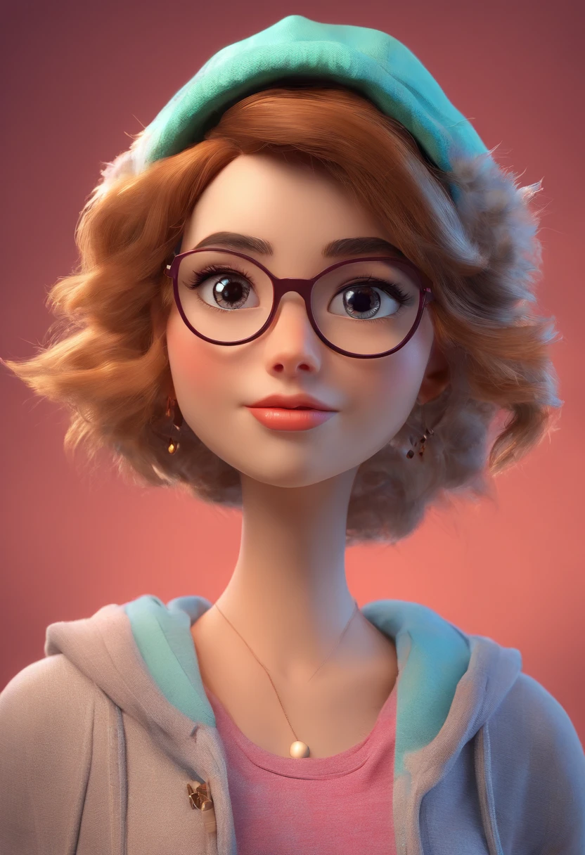 uma jovem com cabelos castanhos curtos que caem suavemente sobre seus ombros. She's wearing a hoodie and wears glasses. Her face radiates a shy, adorable smile, com os olhos castanhos expressando calor e simpatia. Her expression appears to be friendly and welcoming, tornando-a uma figura encantadora na cena.
"Disney Girl, 3D Art, c4d, park background, detailed eyes and face, beautiful detailed lips, long eyelashes, ultra-detailed, realistic:1.37, HDR, vivid colors, studio lighting, fine details, professional, Physically-based rendering, bokeh, portraits, landscape, girly colors, soft lighting"