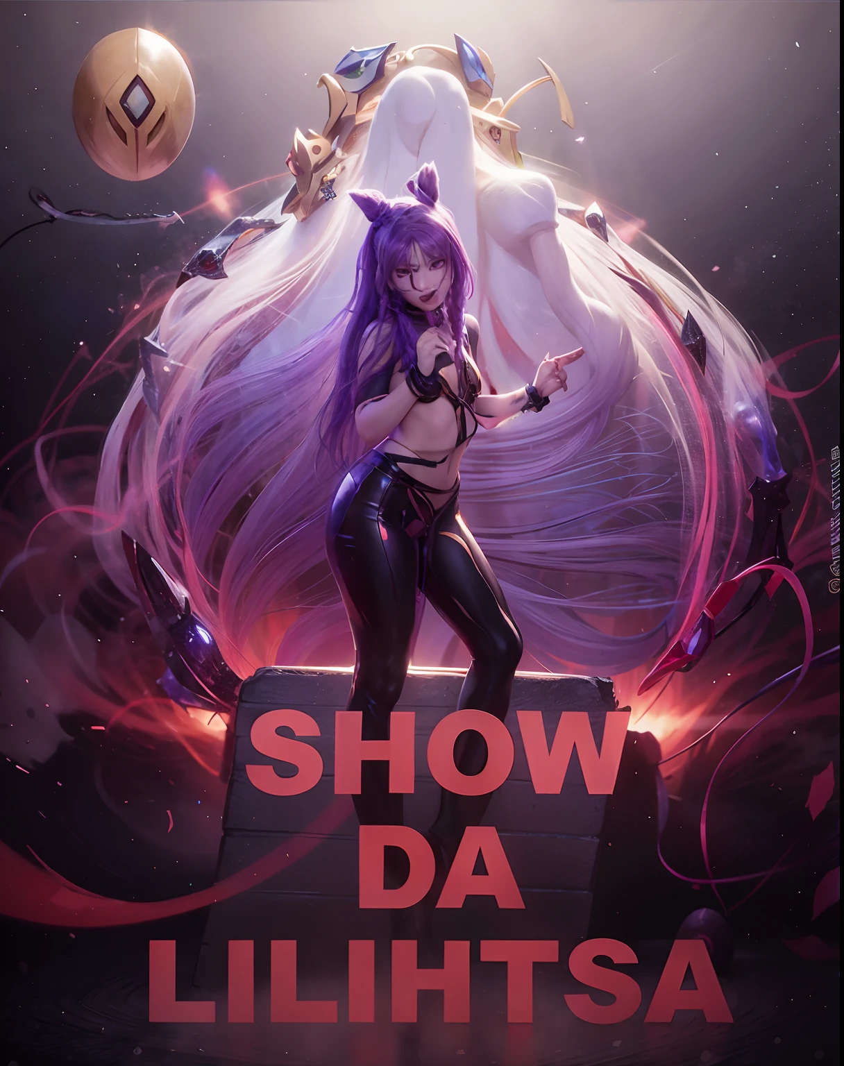 um close up de um personagem de desenho animado com uma bola de fogo ao fundo, show-it, Music Program, mostrar luz, Dance Music Program, vestido completo da vitrine de lava, programa, KDA, cuta anime, mostra uma perna, 🔞🤡, inspirado por Li Shida, ariana grande as a sith, Directed by: Ludovit Fulla, programa de luzes