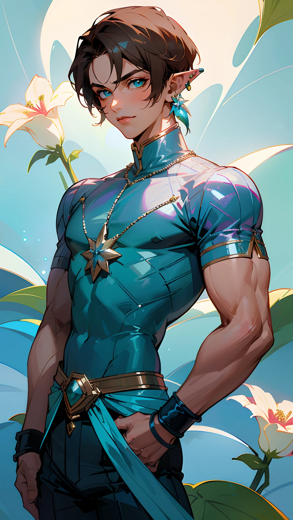 Handsome man , brown hair , very Short hair, ((Ivy League Haircut:1)) , green eyes , light skin , ((muscular:1.3)),((masculine:1)) ,elf ears , ((wearing small flower earring:1.3)) , age 37,
(masterpiece, best quality )detailed, 1Character , pastel washed out colors , cell shade , soft, muted shades ,gentle colors , blue archive art style,
He wears a fitted, sequined, and short-sleeved shirt in a vibrant shade of holographic blue, The shirt features a V-neckline and intricate beadwork, sequins, and rhinestones, slim-fitting, high-waisted pants in a matching holographic blue material, The pants are accentuated with subtle, neon blue and silver accents, including chunky silver chains, statement rings, and wristbands,