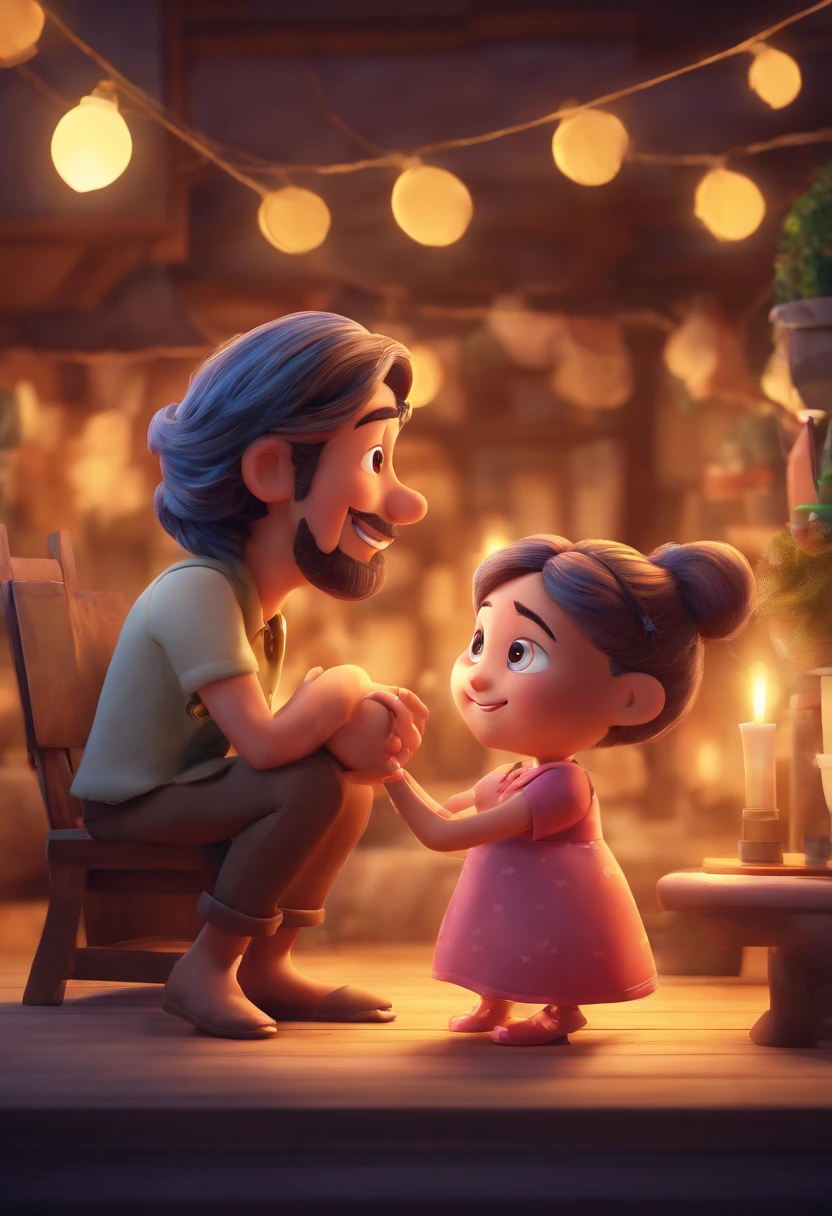 An illustration of an adorable couple, Destacando um homem e uma mulher com beleza, Expressive eyes – the man's hair is brown and he has a beard, while the woman's hair is tied in a bun and light brown. They are a bright space, Todos com um sorriso no rosto, e compartilhe um momento especial, That is marked by love, viagem. Ilustre esta cena a partir de uma perspectiva, where they're facing away from the camera, Show Your Connection. Desenvolva esta arte em Full HD, Focus on your cinematic touch, Estilo Disney Pixar Animations