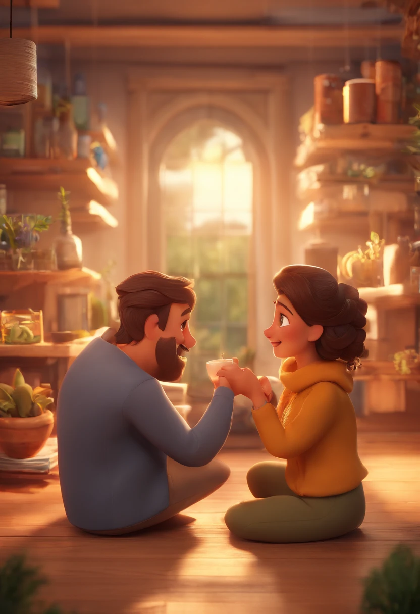 An illustration of an adorable couple, Destacando um homem e uma mulher com beleza, Expressive eyes – the man's hair is bald and brown and he has a full beard, While the woman's hair is tied in a bun and blonde. They are a bright space, Todos com um sorriso no rosto, e compartilhe um momento especial, That is marked by love, viagem, and pedagogical insights. Ilustre esta cena a partir de uma perspectiva, where they're facing away from the camera, Show Your Connection. Desenvolva esta arte em Full HD, Focus on your cinematic touch, Estilo Disney Pixar Animations