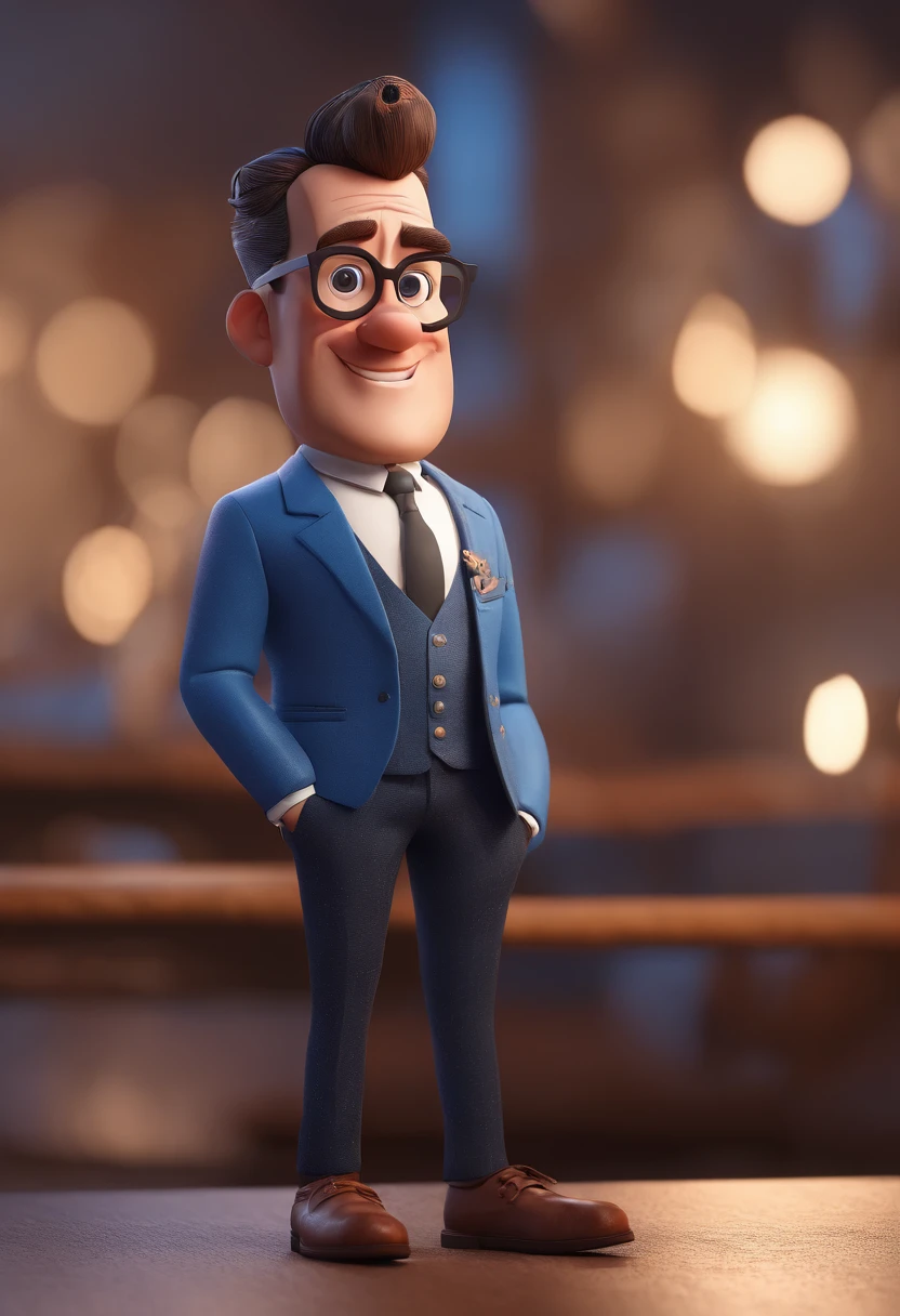 Cartoon character of a man with black glasses and a blue shirt, animation character, Caractere estilizado, animation style rendering, 3D estilizado, Arnold Maya render, 3 d render stylized, toon render keyshot, Personagem 3D, Personagem 3D, 3d rendering stylized, 3 d character render, personagem de desenho animado, Personagem de close up, Pose de personagem, (Estilo Pixar) (master part:1.2) (Bokeh) (best quality) (pele detalhada) (textura detalhada) (8k) (argila) (Cinematic lighting) (foco nítido