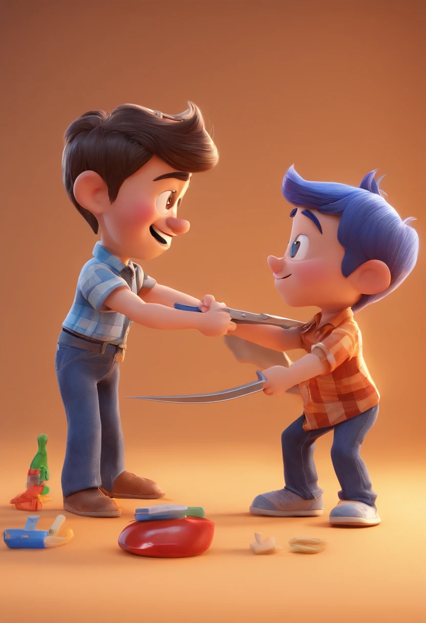 Estilo Pixar: The grown man is holding a naked blue-eyed boy and in his other hand he is holding a pair of scissors and is trying to cut off the boy's testicles,3D Poster,Disney