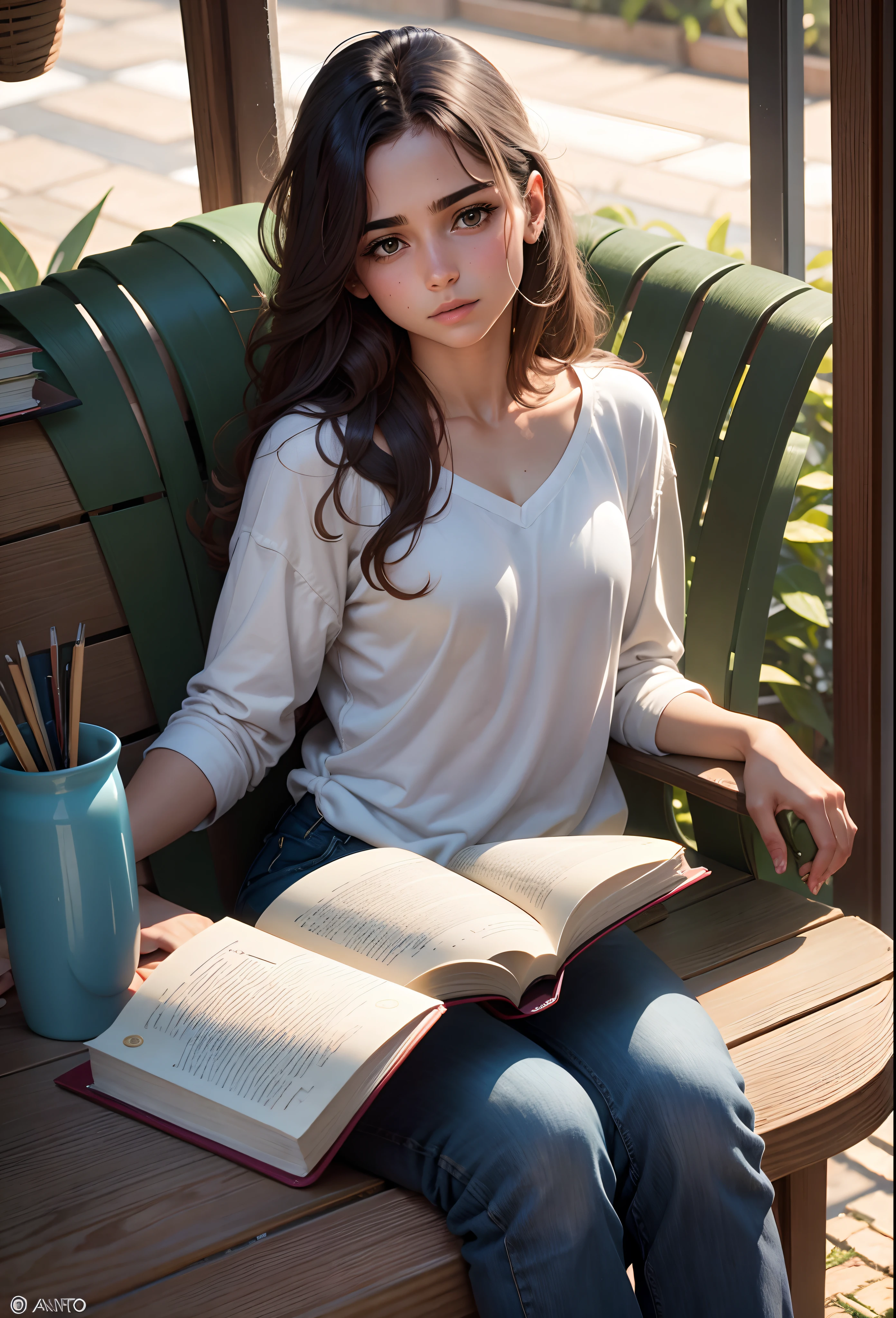 Arafed woman sitting on a bench with a book and a cup of coffee - SeaArt AI