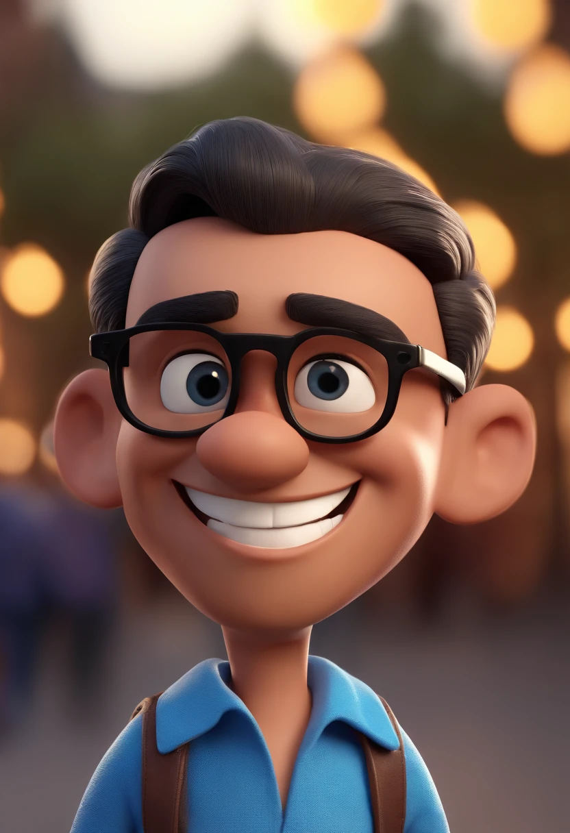 Cartoon character of a man with black glasses and a blue shirt, animation character, Caractere estilizado, animation style rendering, 3D estilizado, Arnold Maya render, 3 d render stylized, toon render keyshot, Personagem 3D, Personagem 3D, 3d rendering stylized, 3 d character render, personagem de desenho animado, Personagem de close up, Pose de personagem,  (Estilo Pixar) (master part:1.2) (Bokeh) (best quality) (pele detalhada) (textura detalhada) (8k) (argila) (Cinematic lighting) (foco nítido