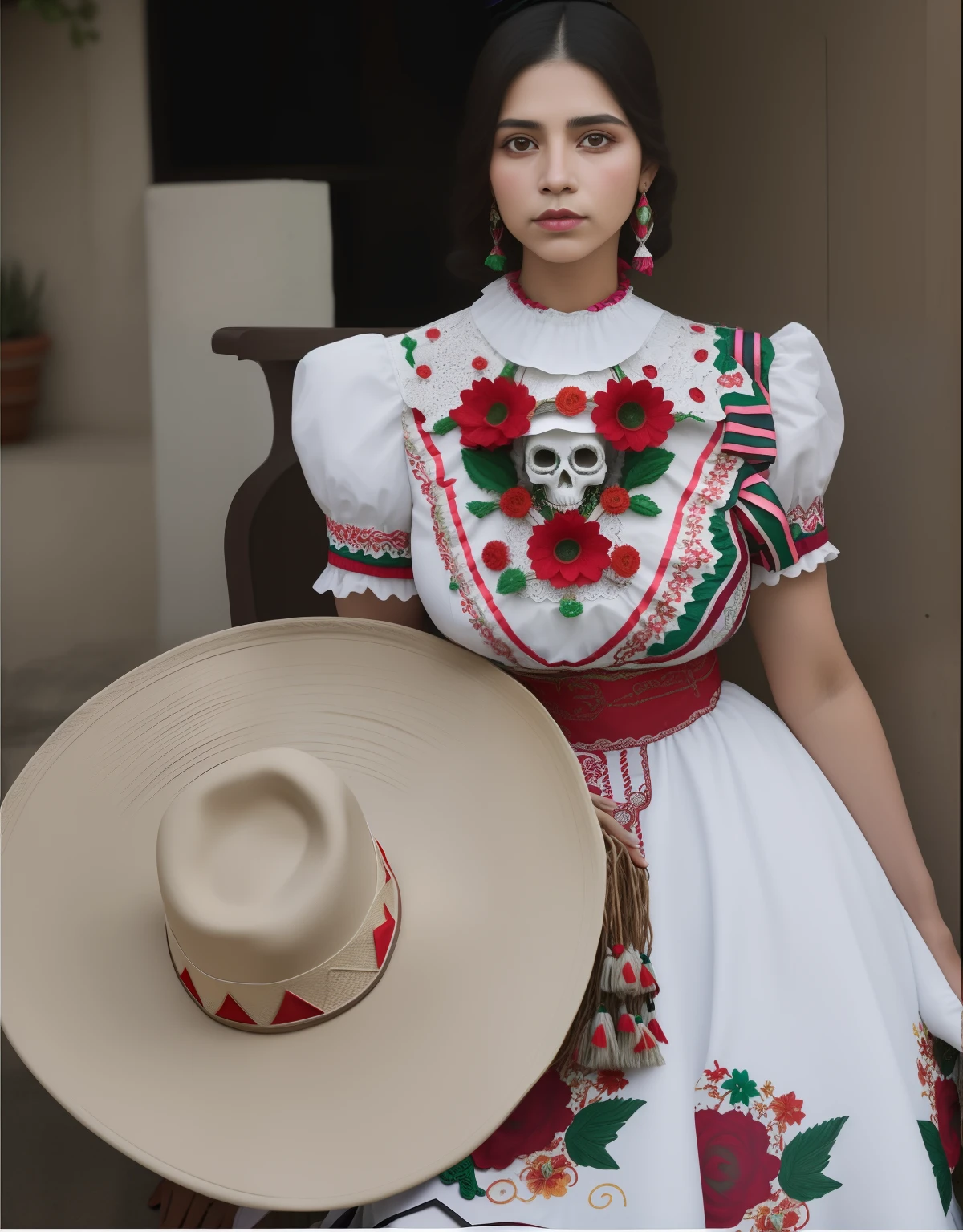 mujer con un vestido blanco y un sombrero sentada en una silla, Ella es mexicanoa, mexicano, calavera, escaramuza, catrina Hermosa mujer mexicanoa, Vaquero mexicanoo, 8k)), inspirado por Sim Sa-jeong, Folclore mexicanoo, folkloric, Traje tradicional, Llevar sombrero, fondo de tulipanes