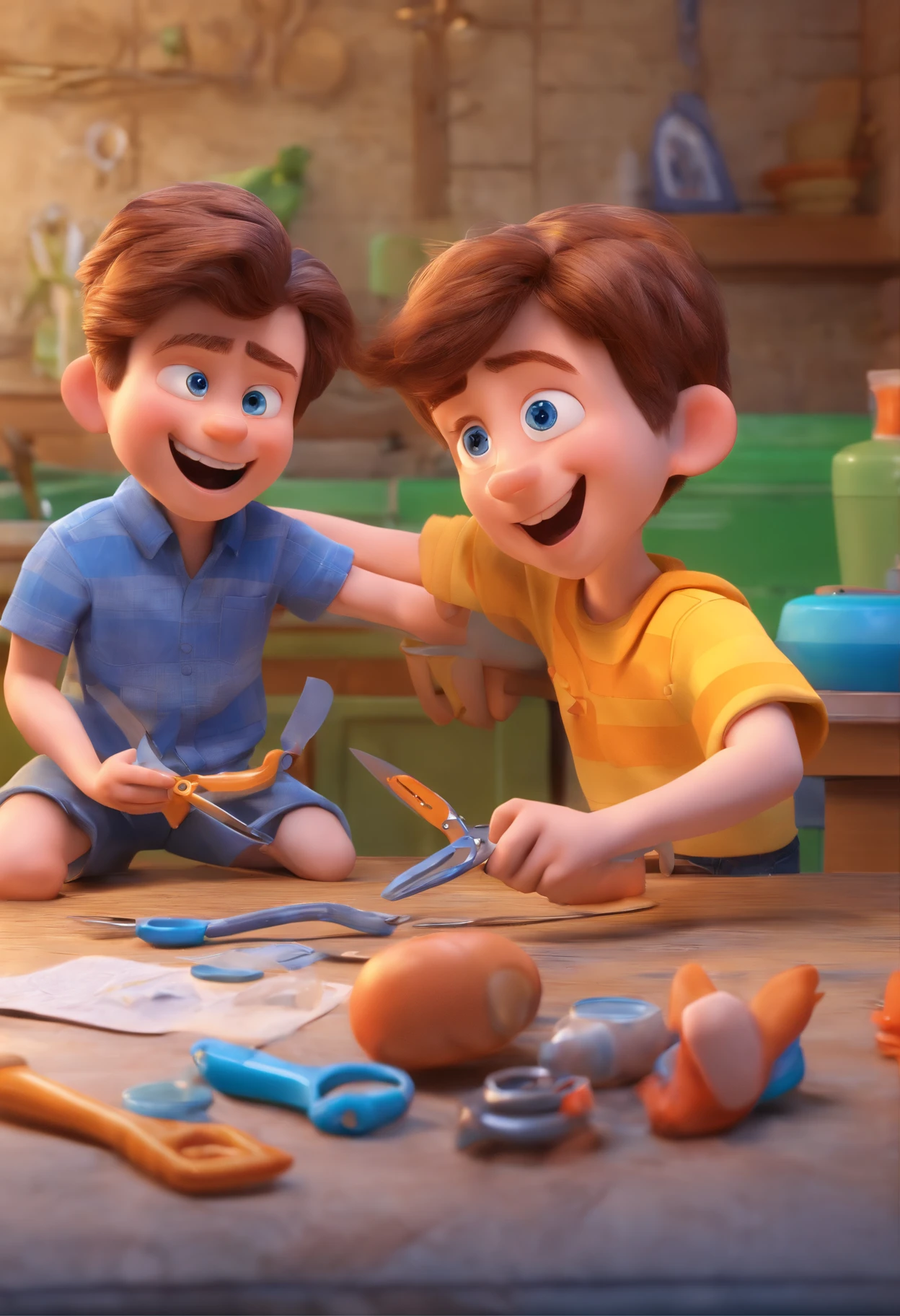 Estilo Pixar: The grown man is holding a naked blue-eyed boy and in his other hand he is holding a pair of scissors and is trying to cut off the boy's testicles,3D Poster,Disney