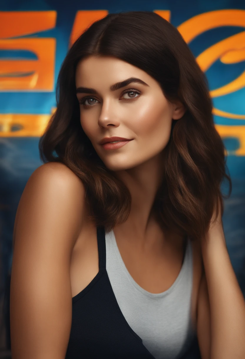 filme Marketing 2023 estilo filmes Pixar, Com nome "N - Marketing", poster, With short, lighter brunette hair and a black t-shirt in front of her crossed arms.