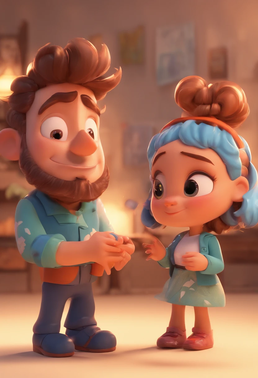 An illustration of an adorable couple, Destacando um homem e uma mulher com beleza, Expressive eyes – the man's hair is brown and he has a beard, enquanto o cabelo da mulher solto castanho claro. They are a bright space, Todos com um sorriso no rosto, e compartilhe um momento especial, That is marked by love, viagem. Ilustre esta cena a partir de uma perspectiva, where they're facing away from the camera, Show Your Connection. Desenvolva esta arte em Full HD, Focus on your cinematic touch, Estilo Disney Pixar Animations