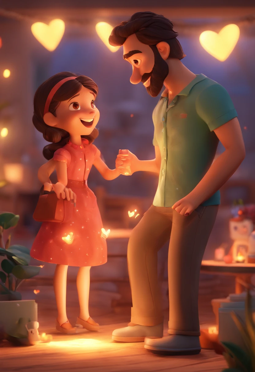 An illustration of an adorable couple, Destacando um homem e uma mulher com beleza, Expressive eyes – the man's hair is brown and he has a beard, enquanto o cabelo da mulher solto castanho claro. They are a bright space, Todos com um sorriso no rosto, e compartilhe um momento especial, That is marked by love, viagem. Ilustre esta cena a partir de uma perspectiva, where they're facing away from the camera, Show Your Connection. Desenvolva esta arte em Full HD, Focus on your cinematic touch, Estilo Disney Pixar Animations