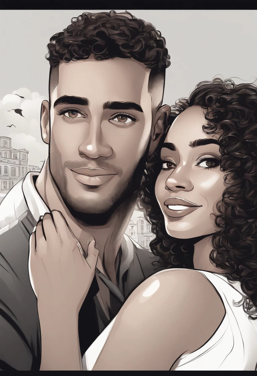 An illustration of an adorable couple, destacando um homem e uma mulher com bonito, Expressive eyes – the man's skin is black and the man's hair is bald and black, while the woman's skin is black and the woman's hair is curly and brown. They are a bright room, cada um com um sorriso no rosto, e compartilhar um momento especial caracterizado pelo amor, arroz, e insights educacionais. Illustrate this scene from a perspective where they are facing away from the camera, Showing Your Connection. Desenvolva esta arte em Full HD, Focus on your cinematic touch, Estilo Disney Pixar Animations