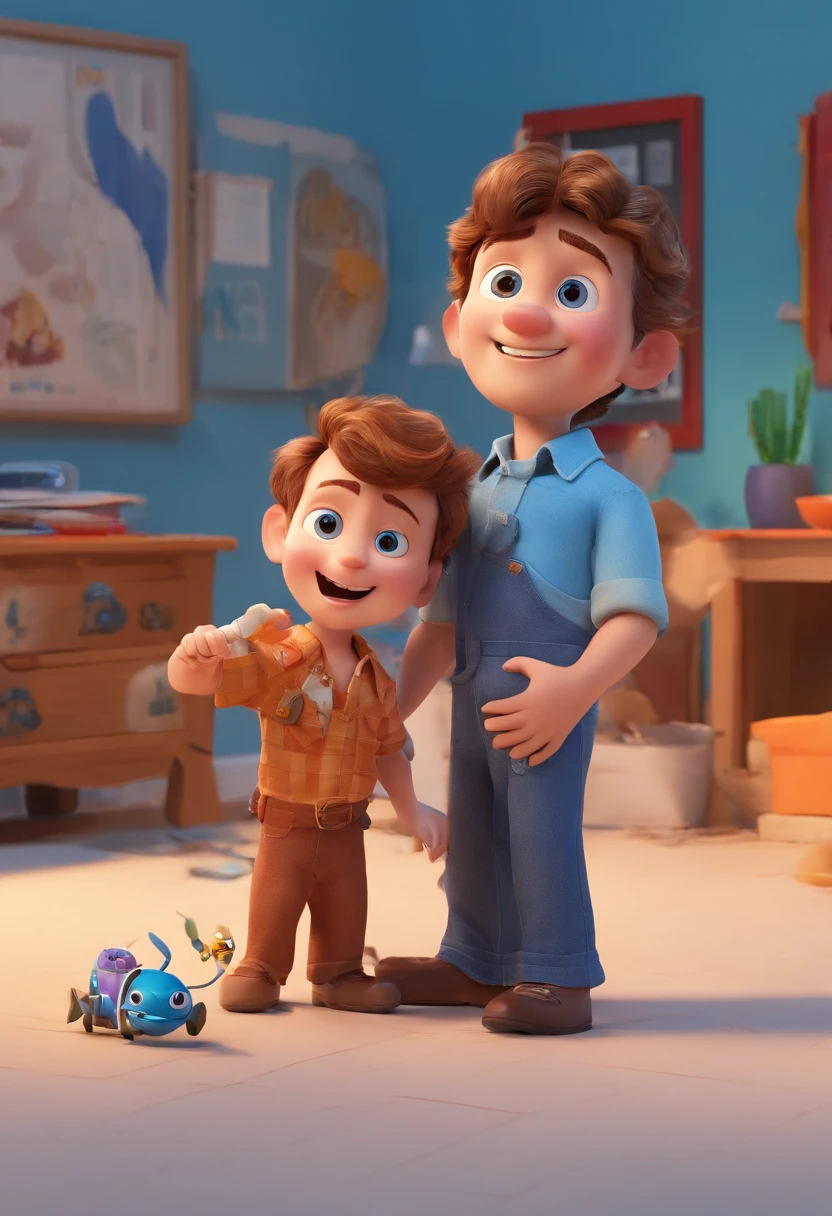 Estilo Pixar: The grown man is holding a naked blue-eyed boy and in his other hand he is holding a pair of scissors and is trying to cut off the boy's testicles,3D Poster,Disney