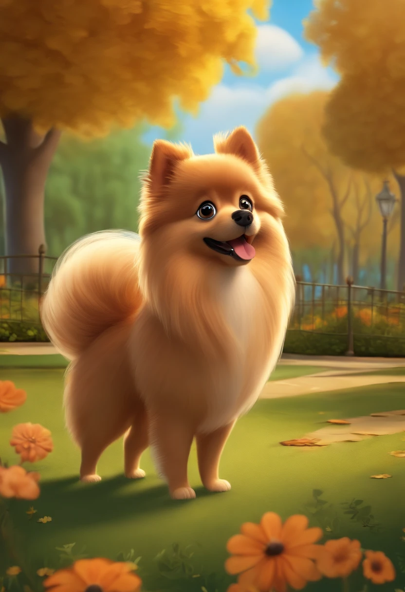 Cute looking german spitz strolling in the park, estilo cartoon, Pixar, ..3d, o primeiro desenho com o corpo um pouco mais laranjinha, borboletas voando ao redor dele