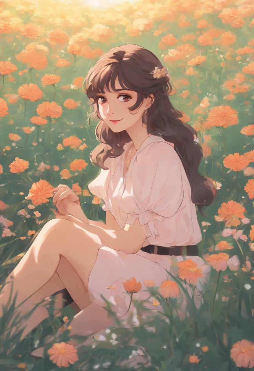 80's anime-style anime girl sitting in a field of flowers and looking at the camera, sorridente. cor pastel
