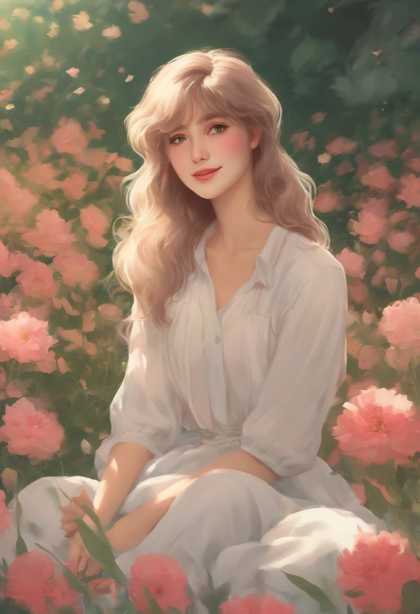 80's anime-style anime girl sitting in a field of flowers and looking at the camera, sorridente. cor pastel