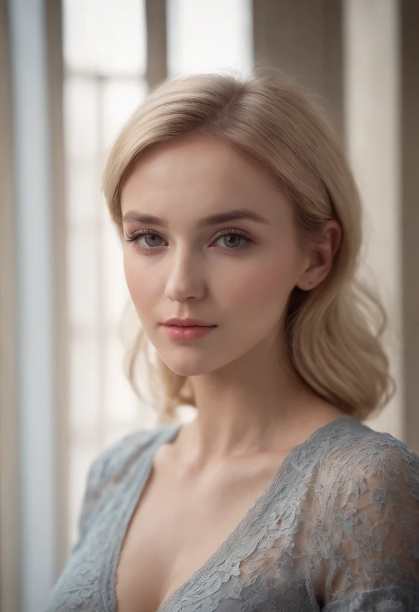 professional, (4k photo:1.1) by (Jeremy Lipking:0.3), (Dittmann Anna:0.3), (Arian Mark:0.3), (Sharp focus:1.3), high detail, wearing (tight shirt:1.2), beautiful detailed face, hazel eyes, short blonde hair, (attractive young woman:1.3), (seductive:1.1), (blushing:1.1), hourglass body shape, natural breasts, wide hips
