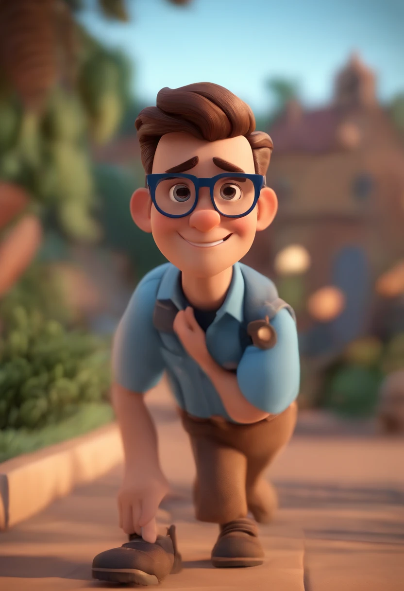 Cartoon character of a man wearing black glasses and a blue shirt, um personagem animado, Caractere estilizado, animation style rendering, 3D estilizado, Arnold Maya render, 3 d render stylized, toon render keyshot, Personagem 3D, Personagem 3D, 3d rendering stylized, 3 d character render, personagem de desenho animado, Personagem de close up, Pose de personagem, (Estilo Pixar) (master part:1.2) (Bokeh) (best quality) (pele detalhada) (textura detalhada) (8k) (argila) (Cinematic lighting) (foco nítido，Senta e vaza a parte superior do corpo
