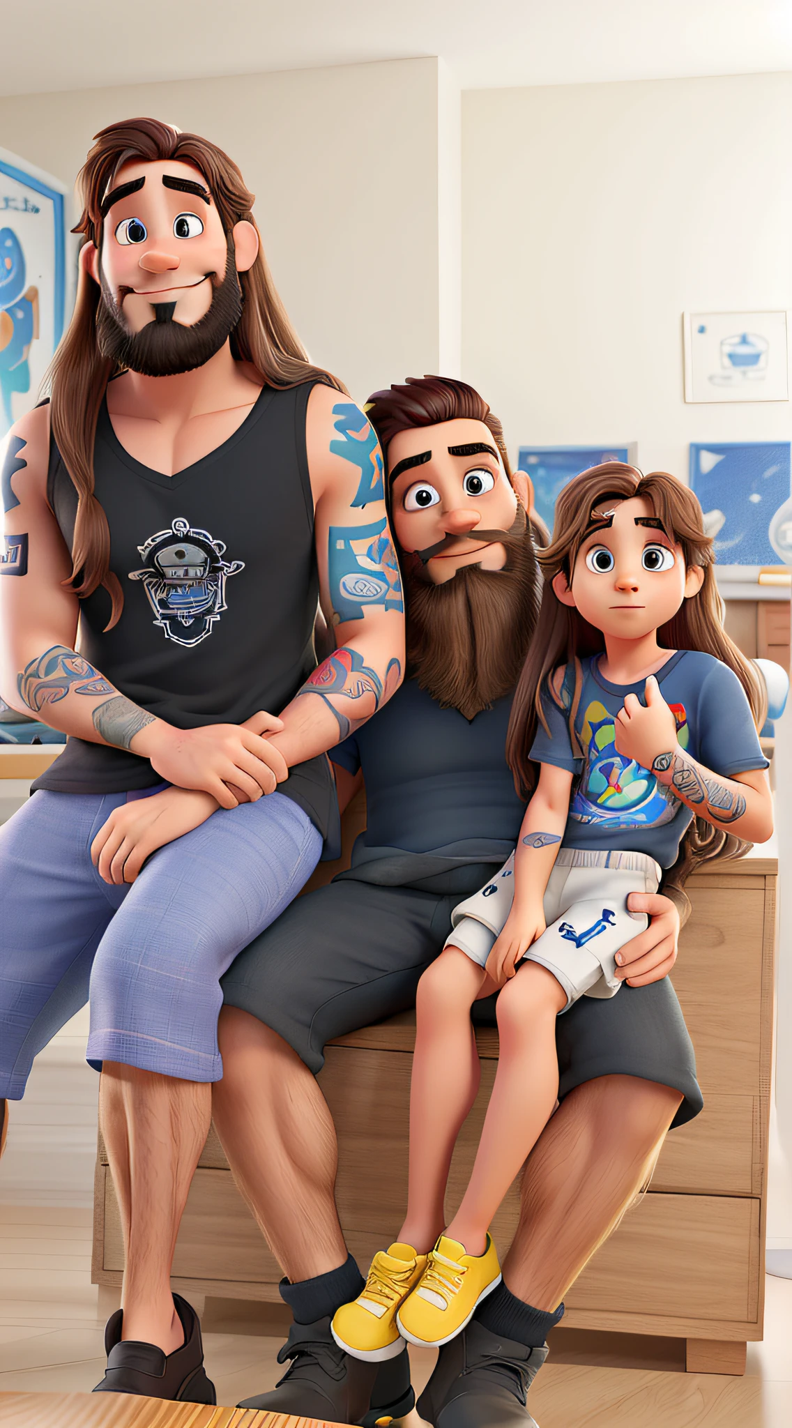Homem de 42 anos, barba grande e muitas tatuagens e dois filhos, um menino de 19 anos, Long hair and tattoo on arm and another 5--old , Disney Pixar poster style in high resolution