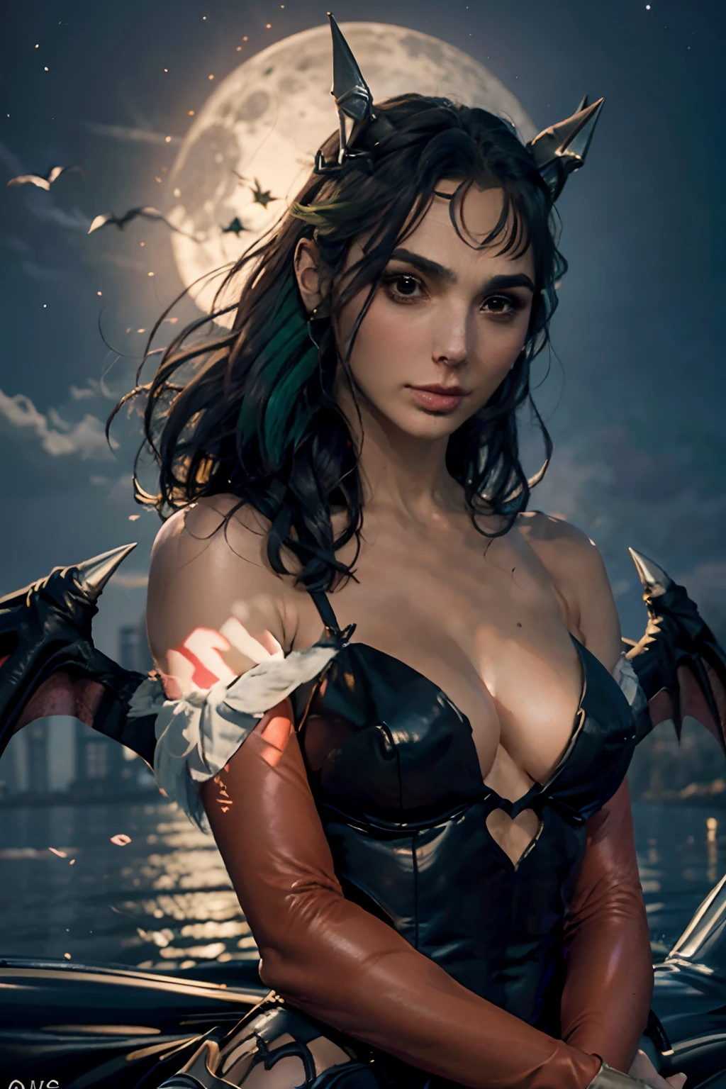 Gal Gadot em Creative Artistry Print de Morrigan Aensland Personagem do jogo Darkstalkers em estilo hiper realista, with bat wings on the head, ((asas de morcego nas costas)), ((cabelo verde)), cabelo longo, black swimsuit, purple pantyhose, Beige gloves covering the entire arm, bota preta, par de botas pretas, medium bust, rosto de pele branca, arte de corpo inteiro,  a noite, lunar illumination.
