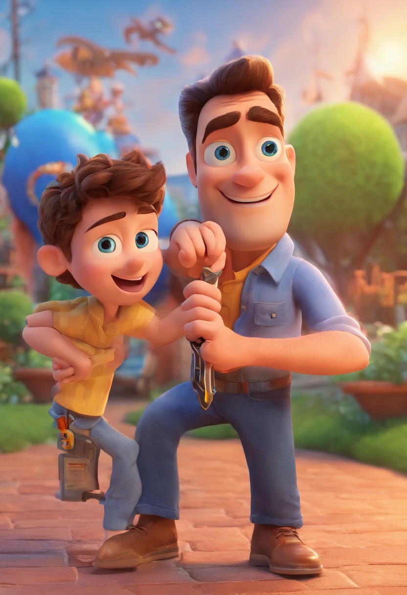 Estilo Pixar: The grown man is holding a naked blue-eyed boy and in his other hand he is holding a pair of scissors and is trying to cut off the boy's testicles,3D Poster,Disney