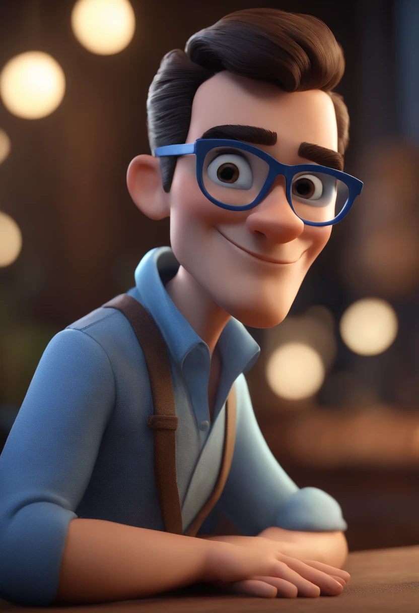 Cartoon character of a man with black glasses and a blue shirt, animation character, Caractere estilizado, animation style rendering, 3D estilizado, Arnold Maya render, 3 d render stylized, toon render keyshot, Personagem 3D, Personagem 3D, 3d rendering stylized, 3 d character render, personagem de desenho animado, Personagem de close up, Pose de personagem,  (Estilo Pixar) (master part:1.2) (Bokeh) (best quality) (pele detalhada) (textura detalhada) (8k) (argila) (Cinematic lighting) (foco nítido