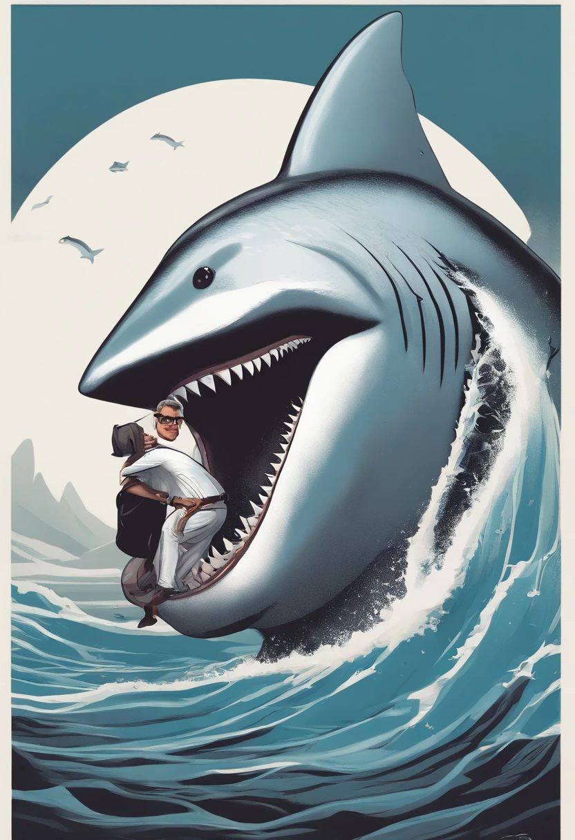 Cartoon character of a man with black glasses and a closed beard with white parts a white shirt with a print imitating the logo of the movie shark written Shark a protruding belly thinning hair on the top of the head