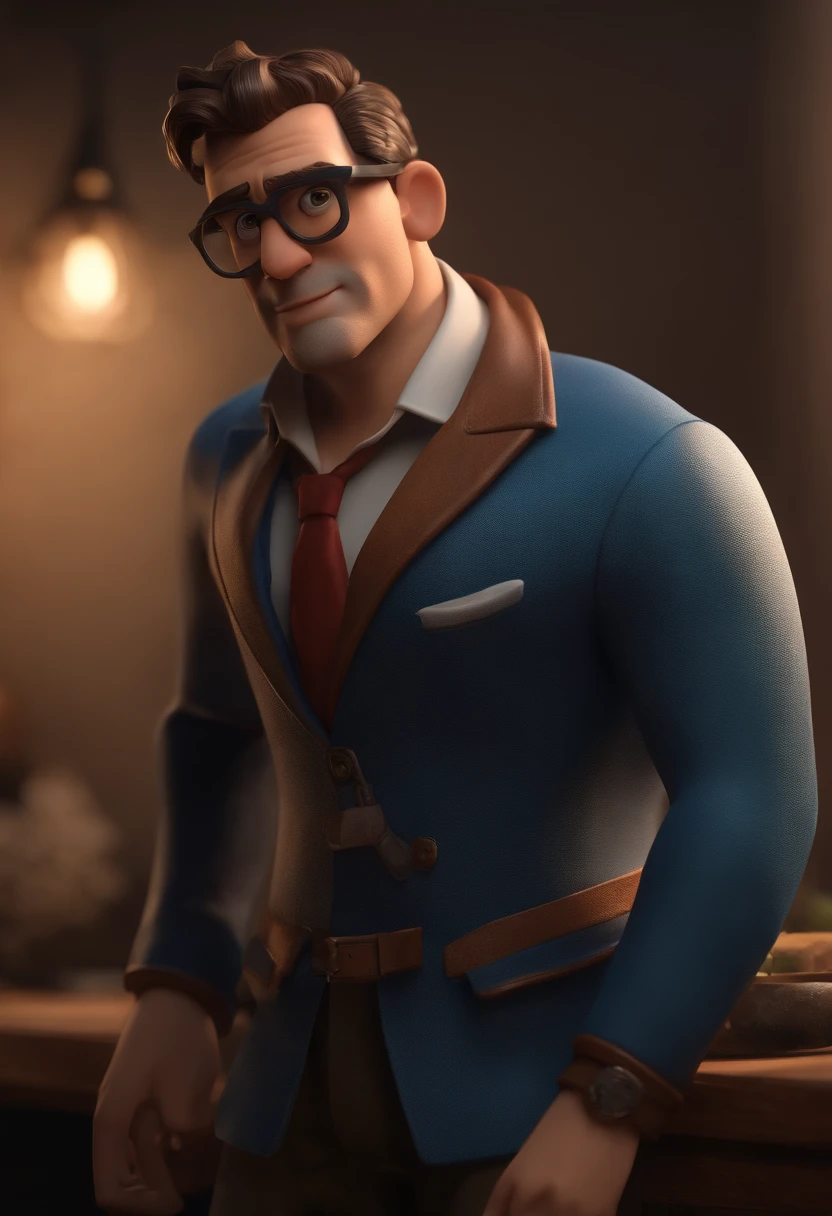 Cartoon character of a man with black glasses, cabelo cacheado marrom escuro e uma camisa azul, animation character, Caractere estilizado, animation style rendering, 3D estilizado, Arnold Maya render, 3 d render stylized, toon render keyshot, Personagem 3D, Personagem 3D, 3d rendering stylized, 3 d character render, personagem de desenho animado, Personagem de close up, Pose de personagem,  (Estilo Pixar) (master part:1.2) (Bokeh) (best quality) (pele detalhada) (textura detalhada) (8k) (argila) (Cinematic lighting) (foco nítido