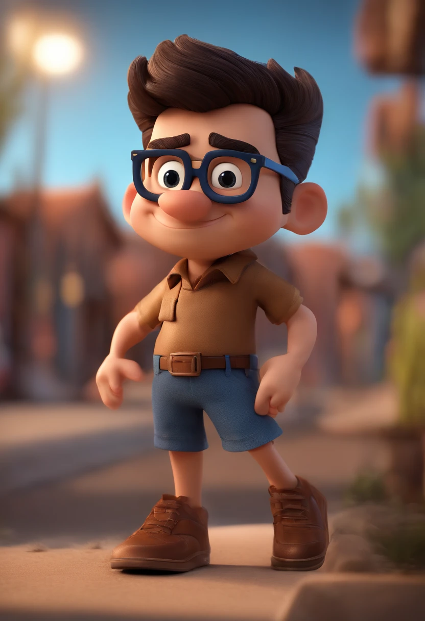 Cartoon character of a man with black glasses, cabelo cacheado marrom escuro e uma camisa azul, animation character, Caractere estilizado, animation style rendering, 3D estilizado, Arnold Maya render, 3 d render stylized, toon render keyshot, Personagem 3D, Personagem 3D, 3d rendering stylized, 3 d character render, personagem de desenho animado, Personagem de close up, Pose de personagem,  (Estilo Pixar) (master part:1.2) (Bokeh) (best quality) (pele detalhada) (textura detalhada) (8k) (argila) (Cinematic lighting) (foco nítido