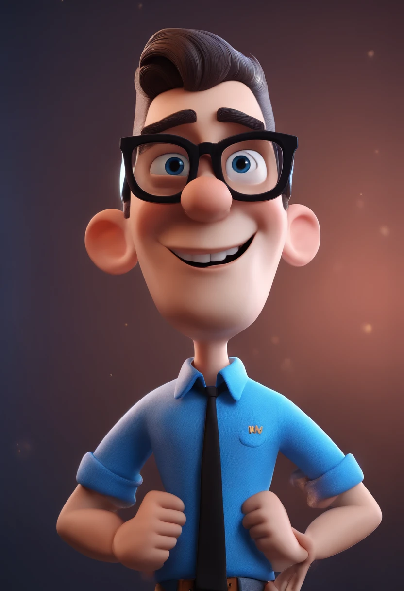 Cartoon character of a man with black glasses and a blue shirt, animation character, Caractere estilizado, animation style rendering, 3D estilizado, Arnold Maya render, 3 d render stylized, toon render keyshot, Personagem 3D, Personagem 3D, 3d rendering stylized, 3 d character render, personagem de desenho animado, Personagem de close up, Pose de personagem, (Estilo Pixar) (master part:1.2) (Bokeh) (best quality) (pele detalhada) (textura detalhada) (8k) (argila) (Cinematic lighting) (foco nítido