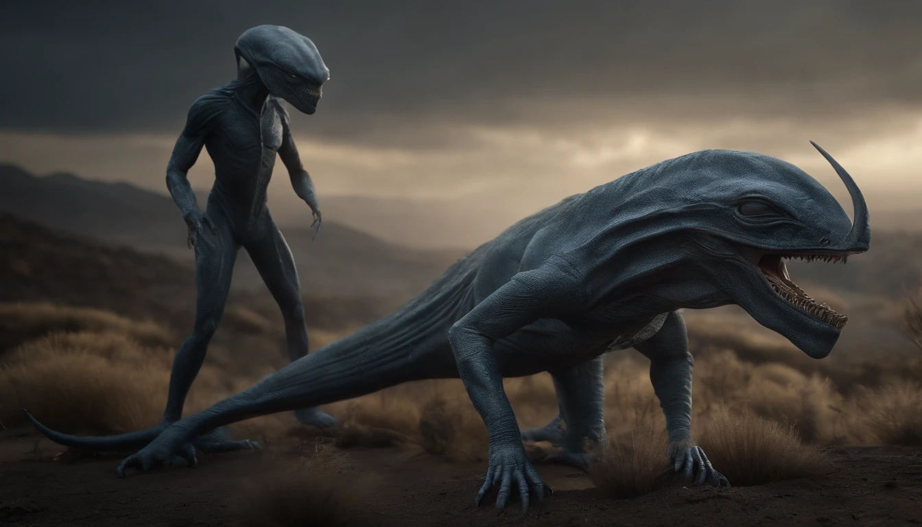 Ethereal alien creature with bluish-gray skin,中景 the scene is,Corpo inteiro como,VFX surreal de 16K altamente detalhado,OC rendering,Disparo 70mm - AR 16:9 --q 2 --s 1000. cinnamatographic lighting, em campo, 50 metros da pousada espacial, Aceso com pequenas luzes, explorer of another supernatural species, Noble expression, inteligente, Curioso. Creature has no sex, is an asexual hermaphrodite. HIGH LEVEL OF DETAIL, Wear a suit attached to camouflage skin