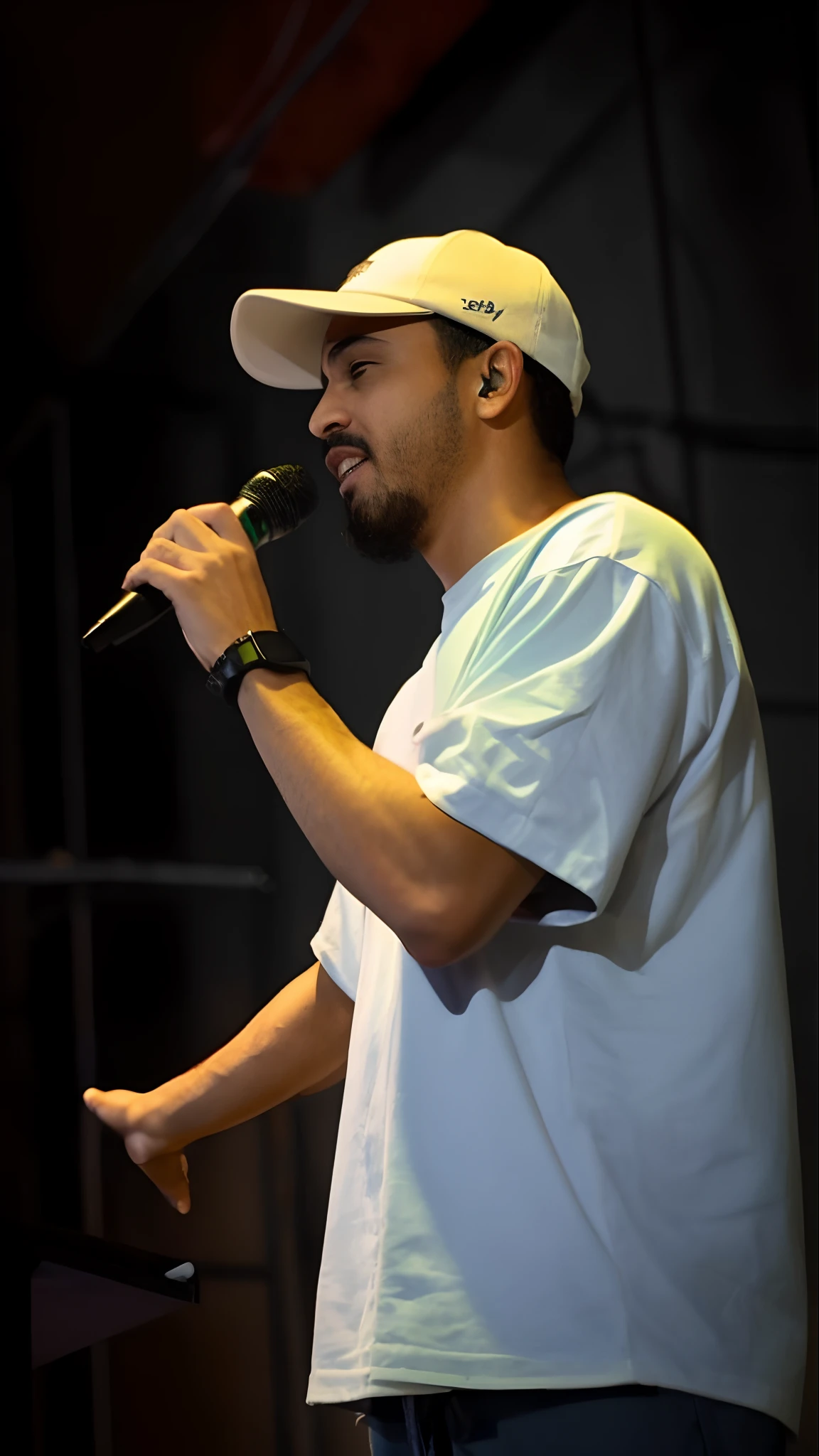 Araffe man in white shirt and white hat holding a microphone, rap no palco do festival, Apresentando-se no palco, no palco, ao vivo no palco, rap no microfone, Rap, comediante stand-up, Condutor de Ene, no palco, em um palco, taken in the early 2020s, david rios ferreira, Rua Juliana, caio santos