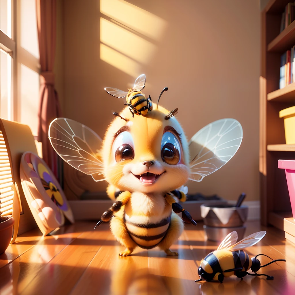 A Pixar 3D rendering of a cute bee, inspired by the style of Walt Disney, with vibrant colors and a playful, whimsical scene. Warm color temperature, joyful expression, soft and cheerful lighting, a sunny and upbeat atmosphere --auto --s2