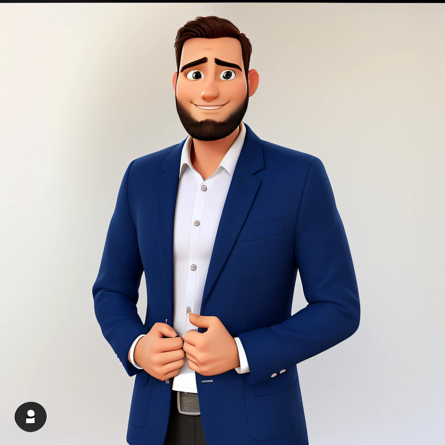 Inspired by a Pixar/Disney cartoon. Depict a man who is the managing partner of a real estate company, a young man around 38 years old, wearing a blue blazer with a white t-shirt underneath, with no hair on the top of his head, a well-groomed and trimmed beard. In an environment that conveys authority, place some books, and show him writing on a computer with a contract beside him.