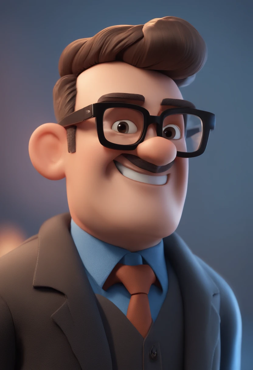 Cartoon character of a man with hairless black glasses and a blue shirt, animation character, Caractere estilizado, animation style rendering, 3D estilizado, Arnold Maya render, 3 d render stylized, toon render keyshot, Personagem 3D, Personagem 3D, 3d rendering stylized, 3 d character render, personagem de desenho animado, Personagem de close up, Pose de personagem, (Estilo Pixar) (master part:1.2) (Bokeh) (best quality) (pele detalhada) (textura detalhada) (8k) (argila) (Cinematic lighting) (foco nítido