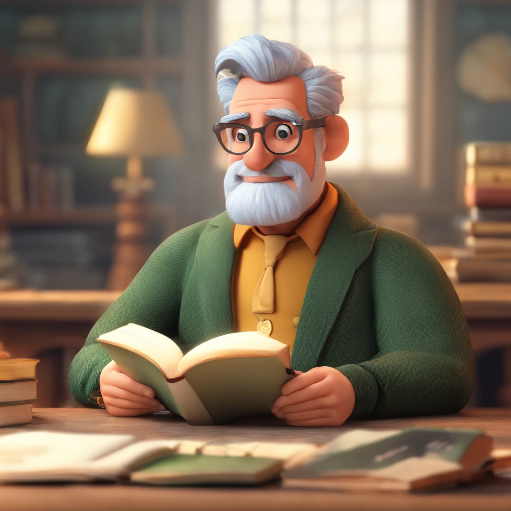 Crie um cartaz inspirado na Disney Pixar com o personagem sendo o pastor Rubens Janier, A gray-haired man wearing glasses, in an office with a Bible on the table, Looking forward and serious