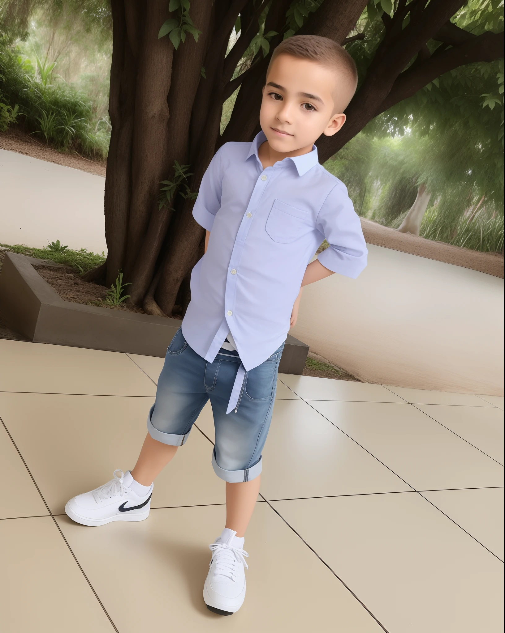 Arafed boy standing on tiled floor in front of tree, Pose casual, 4 anos de idade, fotografia de corpo inteiro, jovem bonito, vestido casualmente, imagem de corpo inteiro, Directed by: Nandor Soldier, menino novo, usando roupas casuais, foto de retrato de corpo inteiro, full body photogenic shot, Vestido casualmente, com uma pose cool, menino bonito, menino ambulante
