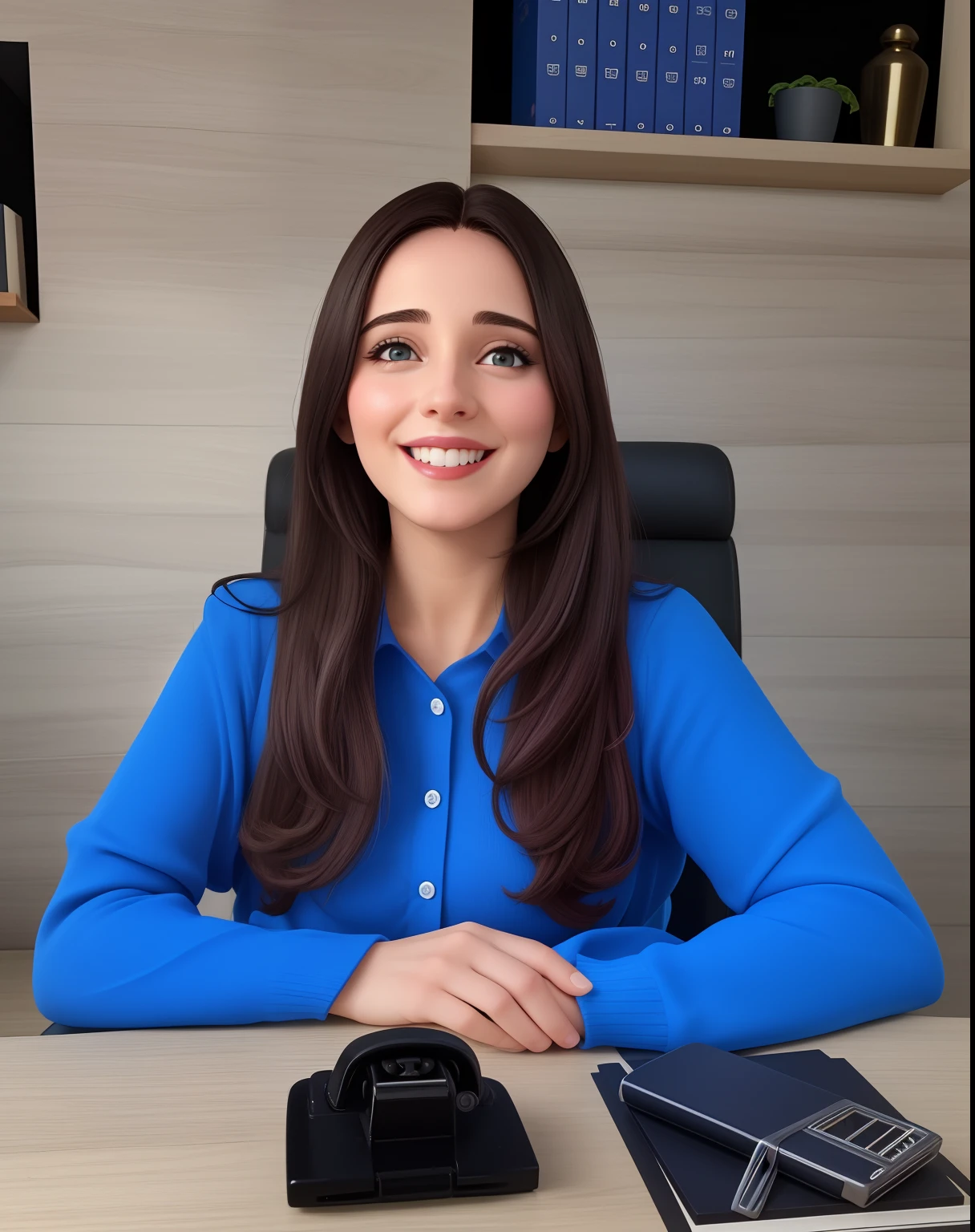 Uma mulher de 30 anos, com cabelos castanhos curtos, Rosto redondo, rosto redondo com sorriso encantador, e olhos castanhos