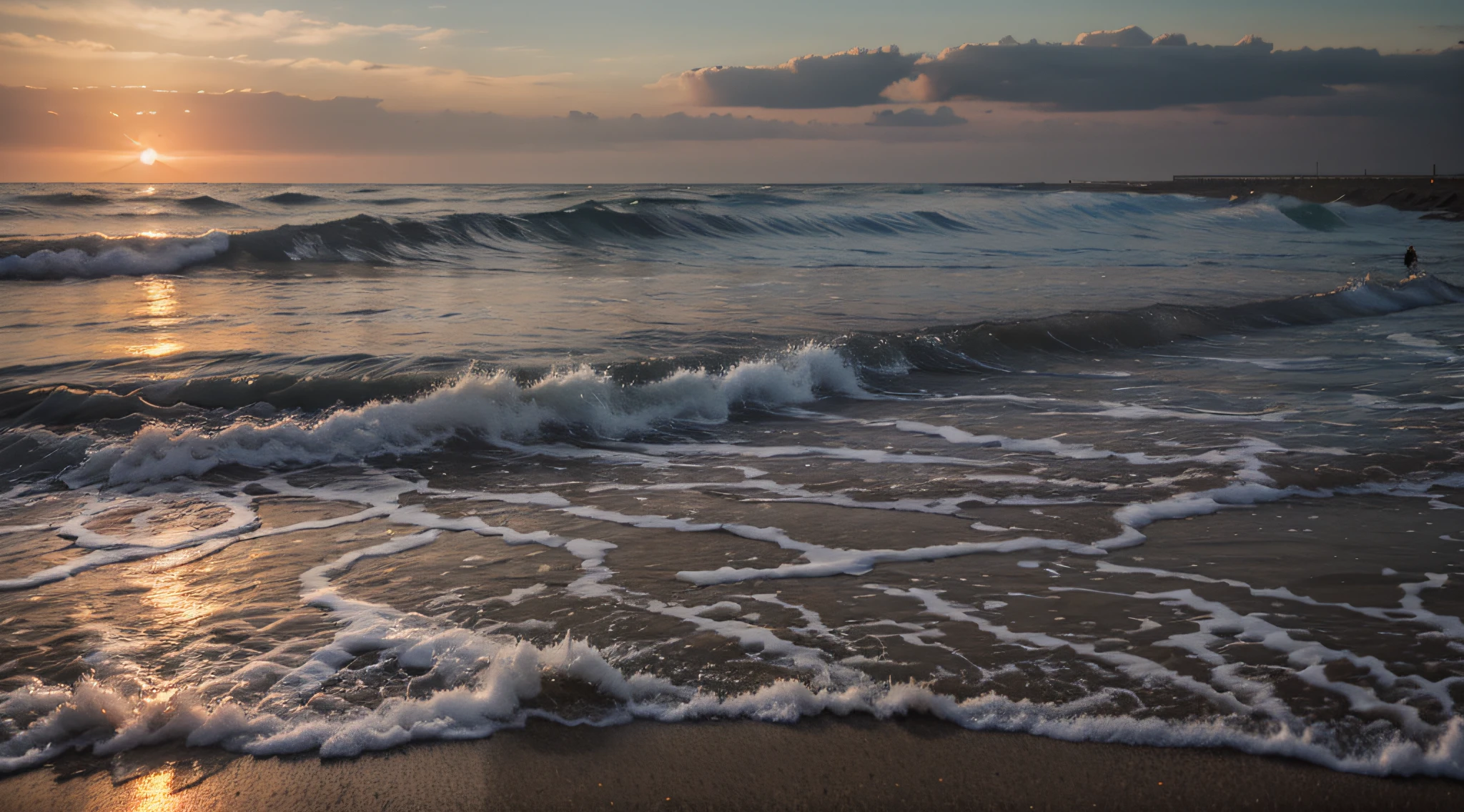 "Eine stimmungsvolle Szene am einsamen Strand bei Sonnenuntergang.",8k,