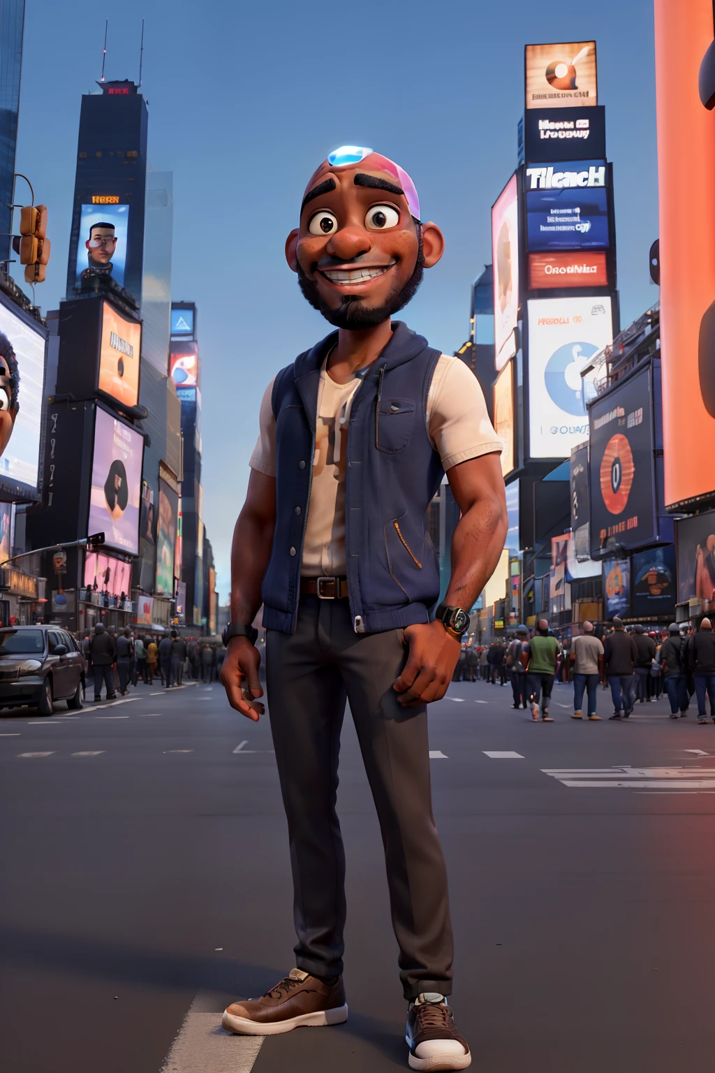 Black man, with low beard, bald, in Times Square at night, wearing an Apple Watch blue on left arm, smiling.