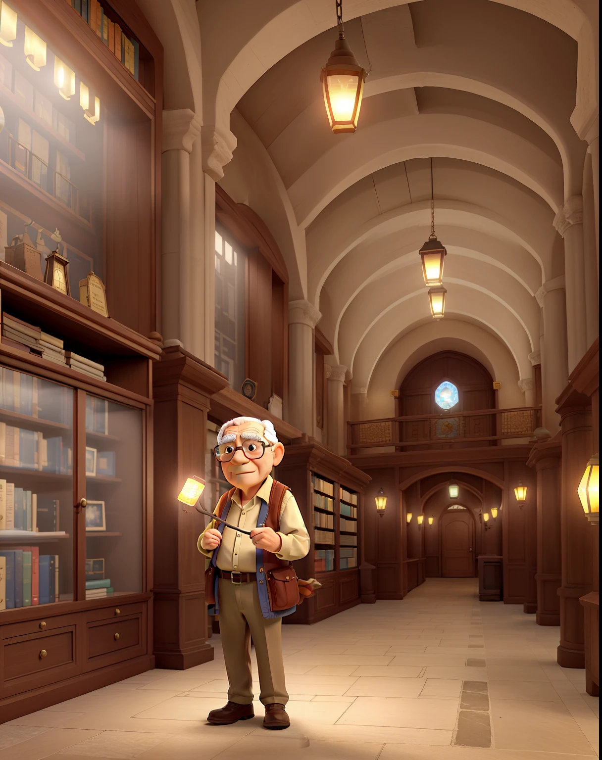 A wise old man standing in front, illuminated by the light of a lamp holding a padlock, contra o pano de fundo de uma biblioteca