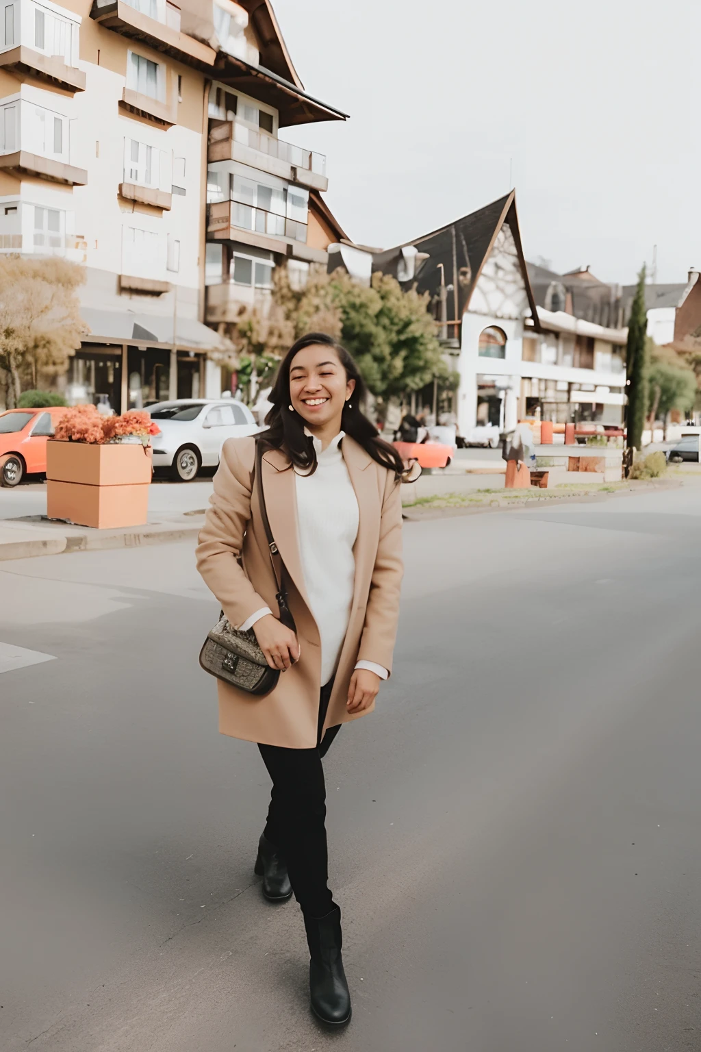 Araffe woman in a tan coat and black pants walking down a street, standing in a city center, instagram story, standing in a city street, standing in street, standing in the streets, standing in the street, Directed by: Andrée Ruellan, com uma figura ao fundo, 🍂 fofo, divertindo-se, vestindo um casaco branco de inverno, ligeiramente desfocado