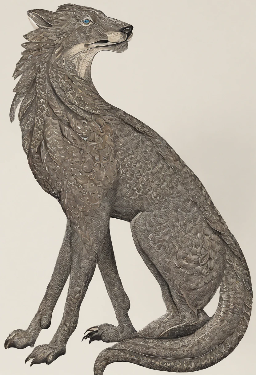 Design an animal based off the description, and no nudity or humans. It is a mix between a wolf head, a snake tail, peacock feathers, and a deer body. Head: The wolf's head, symbolizing guardianship and loyalty. Its eyes gleam with intelligence, and its sharp teeth are always visible, hinting at its ferocity and protective nature. Body: The sleek and muscular body of a stag, representing purity and life. Its smooth fur and graceful form provide the chimera with agility and swiftness. Wings: Spanning from its back are the iridescent feathers of a peacock, which allow it to radiate grace and beauty, signifying prosperity and love. Legs: Four strong legs of the stag, maintaining the consistency with the body, and further emphasizing purity and life. Tail: A long, coiling cobra tail, representing transformation and power. The tail can be raised in a defensive posture, with the cobra's hood flared, ready to strike at any threat. Description: Emerging from the wilderness, this mythical creature embodies the essence of guardianship, purity, beauty, and power. Its wolf head, with alert eyes, conveys a sense of leadership and loyalty. The chimera's body, streamlined and muscular like that of a stag, moves with both grace and purpose. From its back, shimmering wings of a peacock unfold, casting a captivating array of colors that reflect the hues of the dawn. Its powerful stag legs allow it to tread with both authority and elegance across varied terrains. Yet, it is the chimera's coiling cobra tail that serves as a stark reminder of its transformative power and potential danger. This creature is a harmonious blend of nature's legends, encapsulating the spirit of the wild in its majestic form