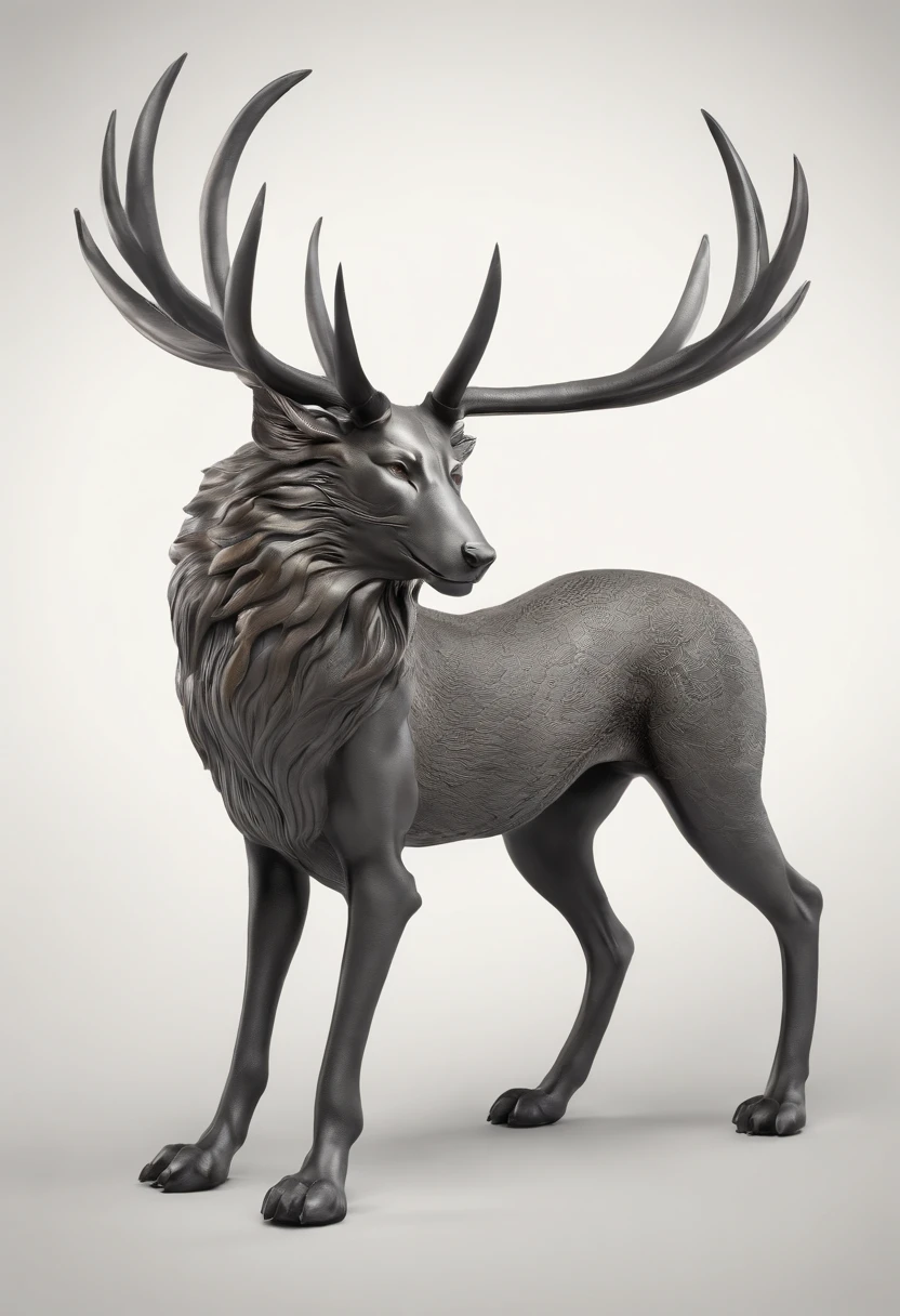Design an animal based off the description, and no nudity or humans. It is a mix between a wolf head, a snake tail, peacock feathers, and a deer body. Head: The wolf's head, symbolizing guardianship and loyalty. Its eyes gleam with intelligence, and its sharp teeth are always visible, hinting at its ferocity and protective nature. Body: The sleek and muscular body of a stag, representing purity and life. Its smooth fur and graceful form provide the chimera with agility and swiftness. Wings: Spanning from its back are the iridescent feathers of a peacock, which allow it to radiate grace and beauty, signifying prosperity and love. Legs: Four strong legs of the stag, maintaining the consistency with the body, and further emphasizing purity and life. Tail: A long, coiling cobra tail, representing transformation and power. The tail can be raised in a defensive posture, with the cobra's hood flared, ready to strike at any threat. Description: Emerging from the wilderness, this mythical creature embodies the essence of guardianship, purity, beauty, and power. Its wolf head, with alert eyes, conveys a sense of leadership and loyalty. The chimera's body, streamlined and muscular like that of a stag, moves with both grace and purpose. From its back, shimmering wings of a peacock unfold, casting a captivating array of colors that reflect the hues of the dawn. Its powerful stag legs allow it to tread with both authority and elegance across varied terrains. Yet, it is the chimera's coiling cobra tail that serves as a stark reminder of its transformative power and potential danger. This creature is a harmonious blend of nature's legends, encapsulating the spirit of the wild in its majestic form