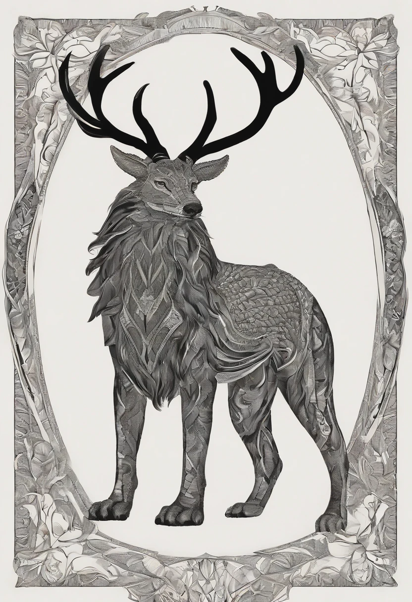 Design an animal based off the description, and no nudity or humans. It is a mix between a wolf head, a snake tail, peacock feathers, and a deer body. Head: The wolf's head, symbolizing guardianship and loyalty. Its eyes gleam with intelligence, and its sharp teeth are always visible, hinting at its ferocity and protective nature. Body: The sleek and muscular body of a stag, representing purity and life. Its smooth fur and graceful form provide the chimera with agility and swiftness. Wings: Spanning from its back are the iridescent feathers of a peacock, which allow it to radiate grace and beauty, signifying prosperity and love. Legs: Four strong legs of the stag, maintaining the consistency with the body, and further emphasizing purity and life. Tail: A long, coiling cobra tail, representing transformation and power. The tail can be raised in a defensive posture, with the cobra's hood flared, ready to strike at any threat. Description: Emerging from the wilderness, this mythical creature embodies the essence of guardianship, purity, beauty, and power. Its wolf head, with alert eyes, conveys a sense of leadership and loyalty. The chimera's body, streamlined and muscular like that of a stag, moves with both grace and purpose. From its back, shimmering wings of a peacock unfold, casting a captivating array of colors that reflect the hues of the dawn. Its powerful stag legs allow it to tread with both authority and elegance across varied terrains. Yet, it is the chimera's coiling cobra tail that serves as a stark reminder of its transformative power and potential danger. This creature is a harmonious blend of nature's legends, encapsulating the spirit of the wild in its majestic form