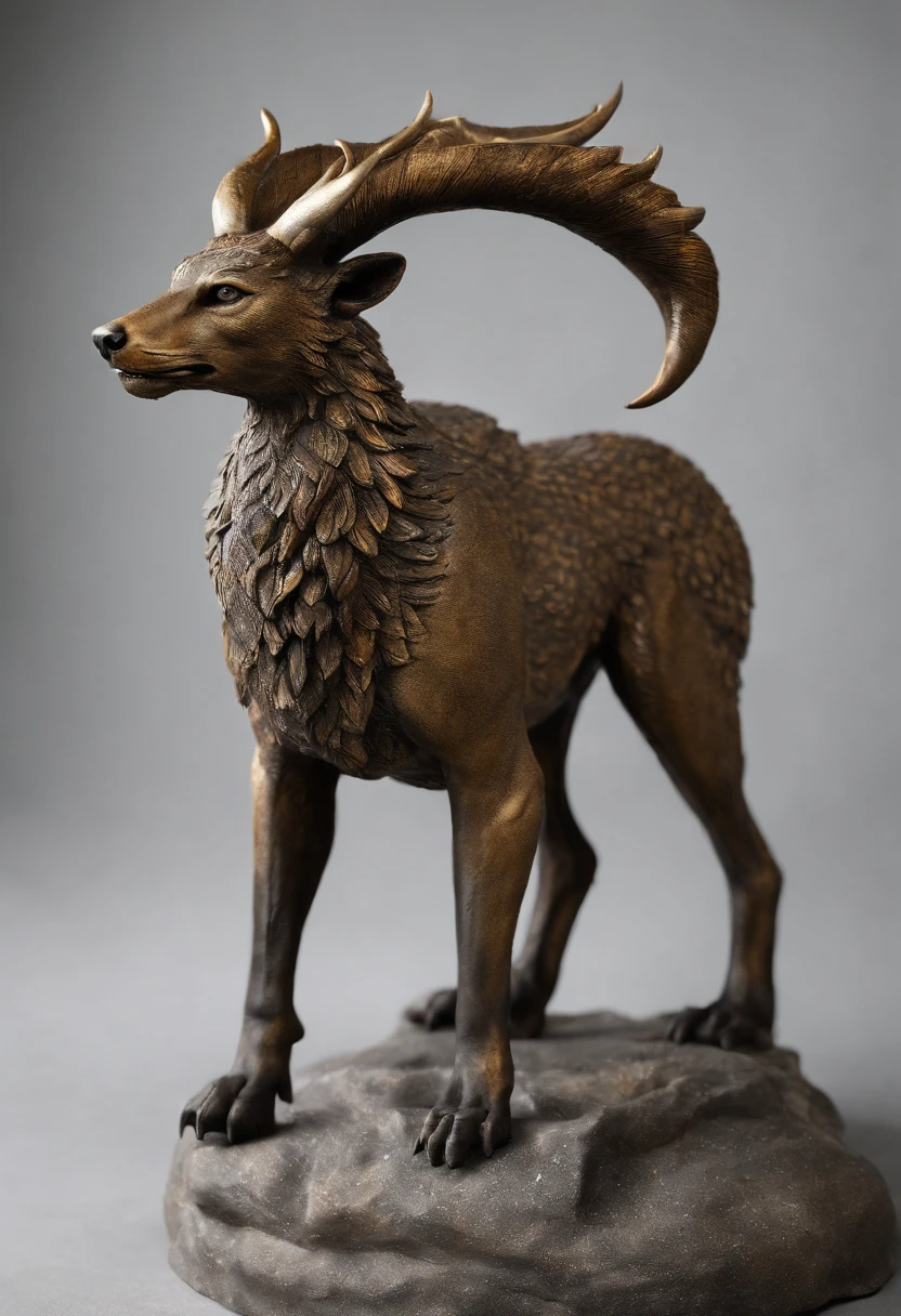 Design an animal based off the description, and no nudity or humans. It is a mix between a wolf head, a snake tail, peacock feathers, and a deer body. Head: The wolf's head, symbolizing guardianship and loyalty. Its eyes gleam with intelligence, and its sharp teeth are always visible, hinting at its ferocity and protective nature. Body: The sleek and muscular body of a stag, representing purity and life. Its smooth fur and graceful form provide the chimera with agility and swiftness. Wings: Spanning from its back are the iridescent feathers of a peacock, which allow it to radiate grace and beauty, signifying prosperity and love. Legs: Four strong legs of the stag, maintaining the consistency with the body, and further emphasizing purity and life. Tail: A long, coiling cobra tail, representing transformation and power. The tail can be raised in a defensive posture, with the cobra's hood flared, ready to strike at any threat. Description: Emerging from the wilderness, this mythical creature embodies the essence of guardianship, purity, beauty, and power. Its wolf head, with alert eyes, conveys a sense of leadership and loyalty. The chimera's body, streamlined and muscular like that of a stag, moves with both grace and purpose. From its back, shimmering wings of a peacock unfold, casting a captivating array of colors that reflect the hues of the dawn. Its powerful stag legs allow it to tread with both authority and elegance across varied terrains. Yet, it is the chimera's coiling cobra tail that serves as a stark reminder of its transformative power and potential danger. This creature is a harmonious blend of nature's legends, encapsulating the spirit of the wild in its majestic form