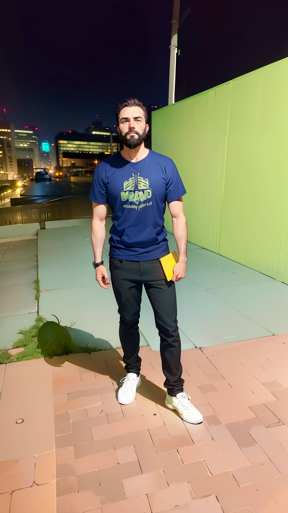Adult man with beard and dark brown hair, dark brown eyes, wearing black hoodie with green details, in a city at night